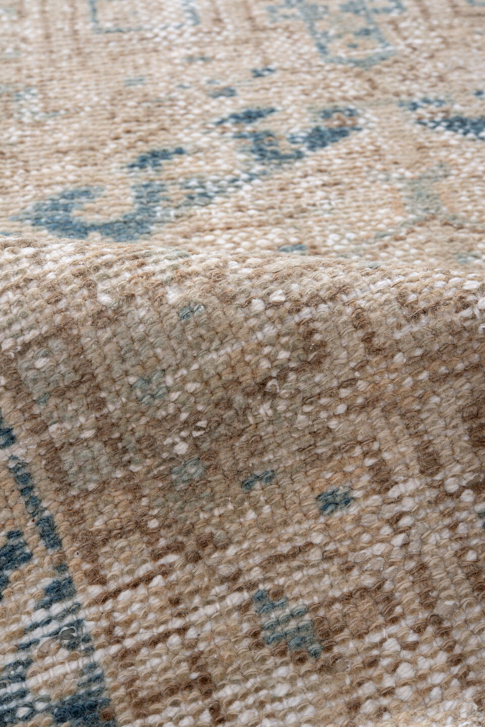 2' x 10' one-of-a-kind handmade antique Karaje runner rug. Color palette: ivory, pale blue, taupe, beige, slate, light blue