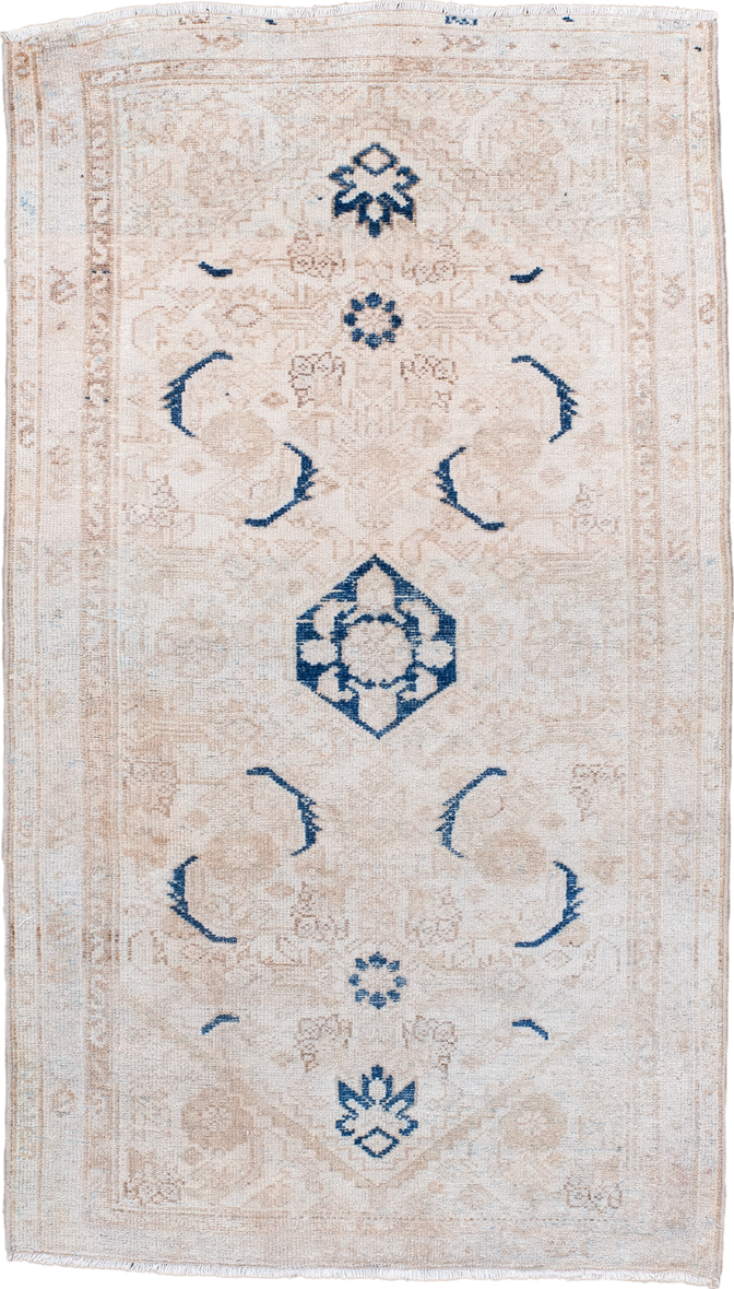 2' x 3' one-of-a-kind handmade antique Malayer small size rug. Color palette: ivory, beige, indigo, cream, taupe, purple