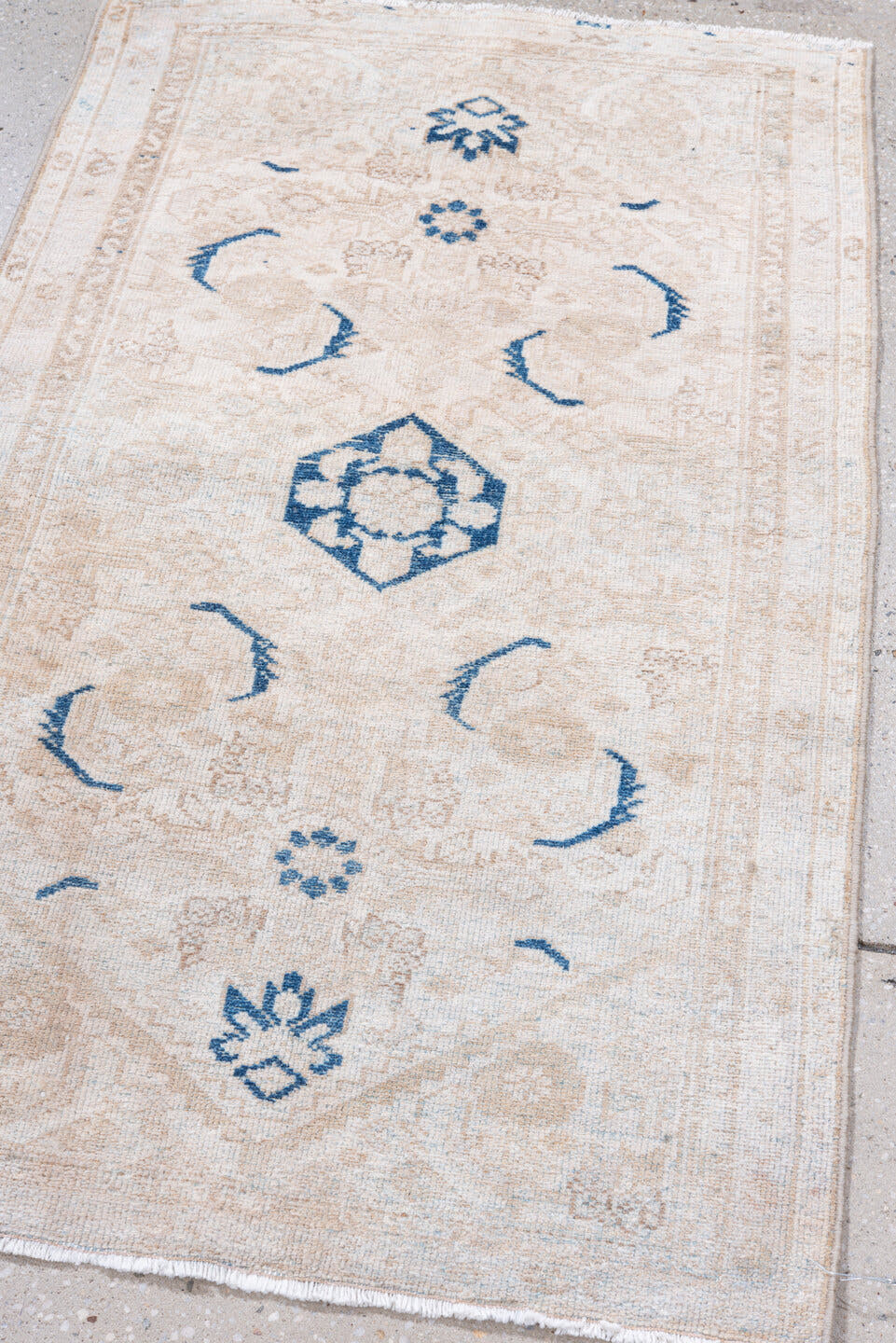 2' x 3' one-of-a-kind handmade antique Malayer small size rug. Color palette: ivory, beige, indigo, cream, taupe, purple