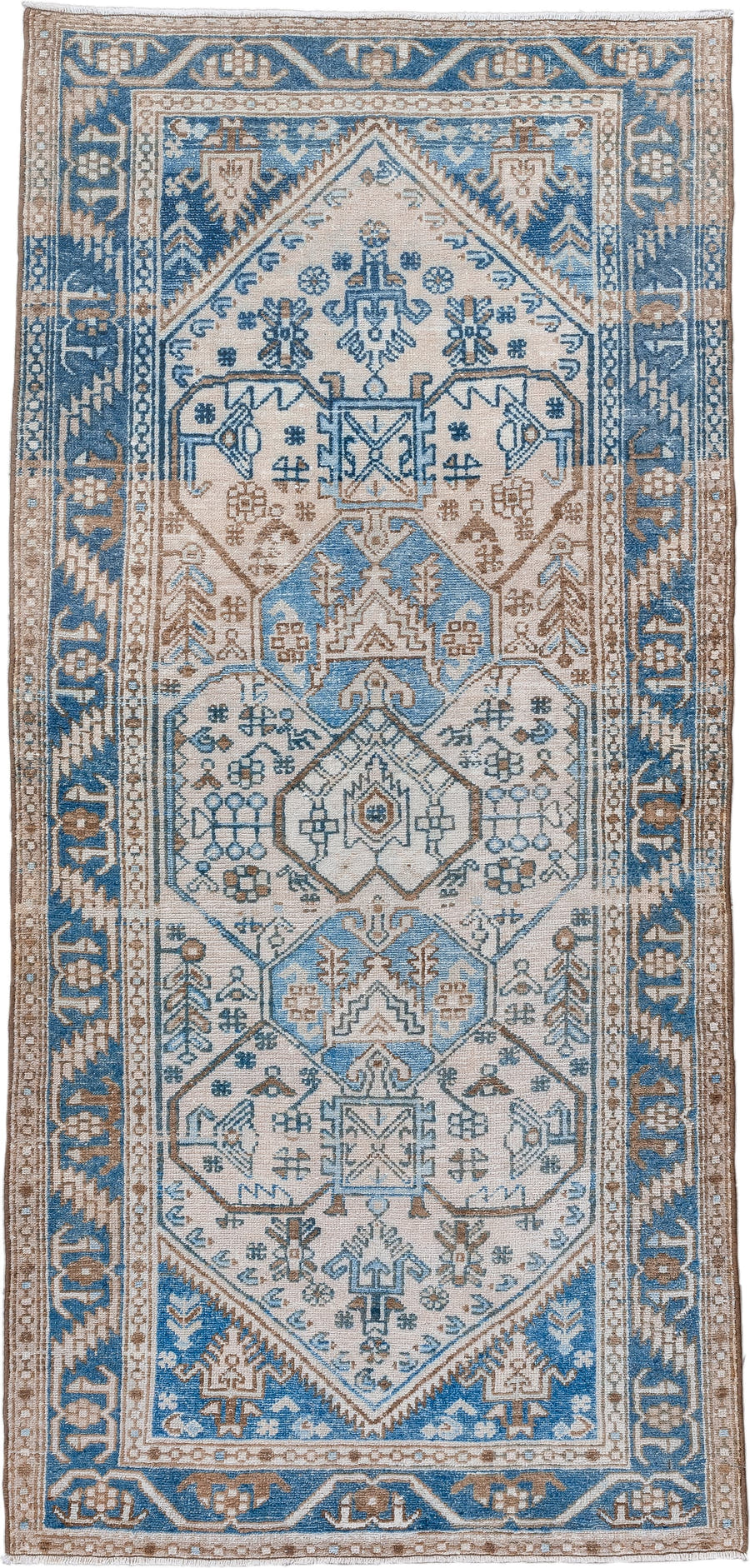 3' x 6' one-of-a-kind handmade vintage Hamadan runner rug. Color palette: ivory, sky_blue, taupe, camel, slate_blue, beige