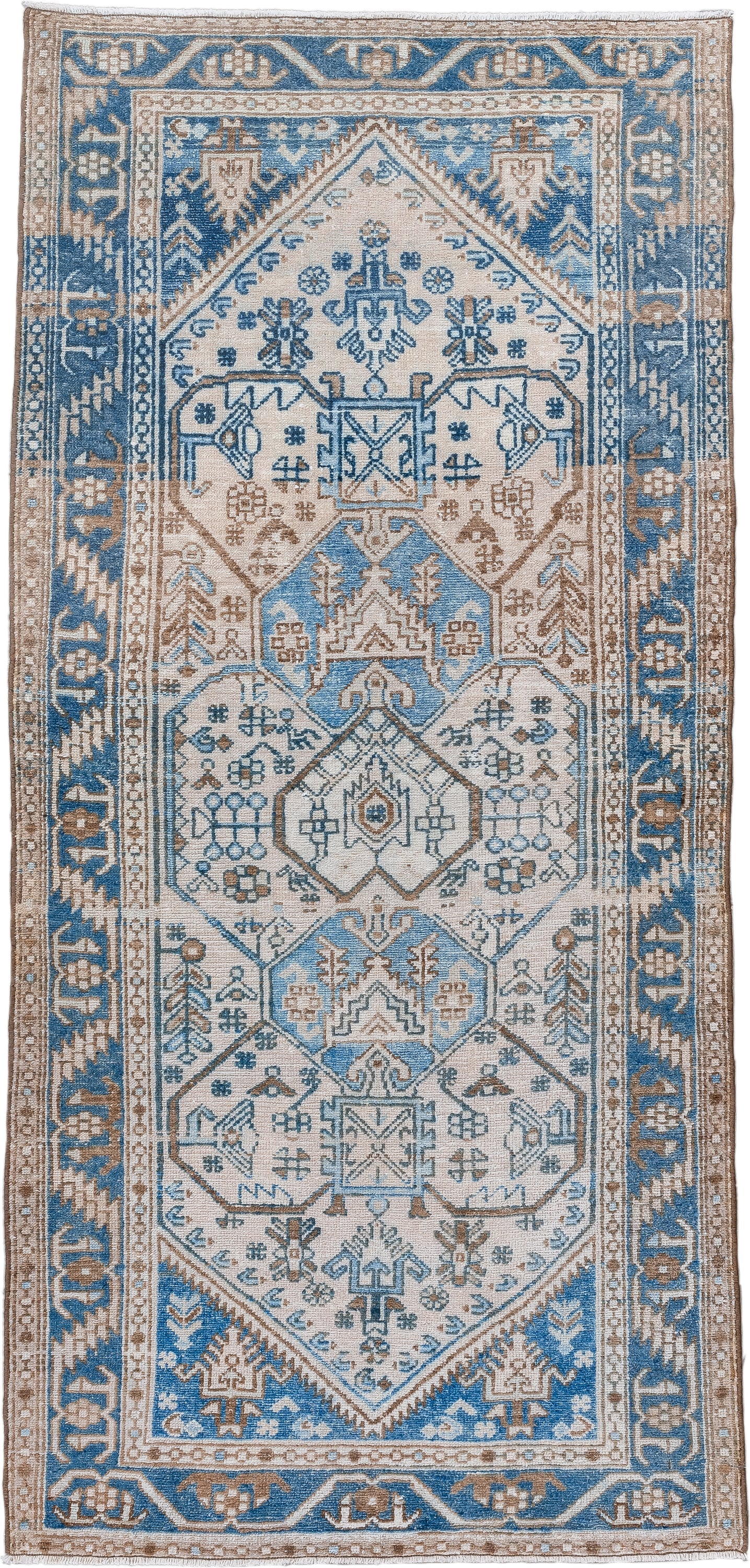 3' x 6' one-of-a-kind handmade vintage Hamadan runner rug. Color palette: ivory, sky_blue, taupe, camel, slate_blue, beige
