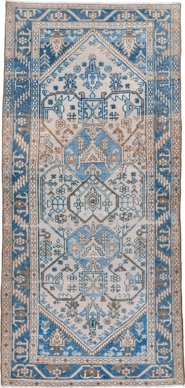 3' x 6' one-of-a-kind handmade vintage Hamadan runner rug. Color palette: ivory, sky_blue, taupe, camel, slate_blue, beige