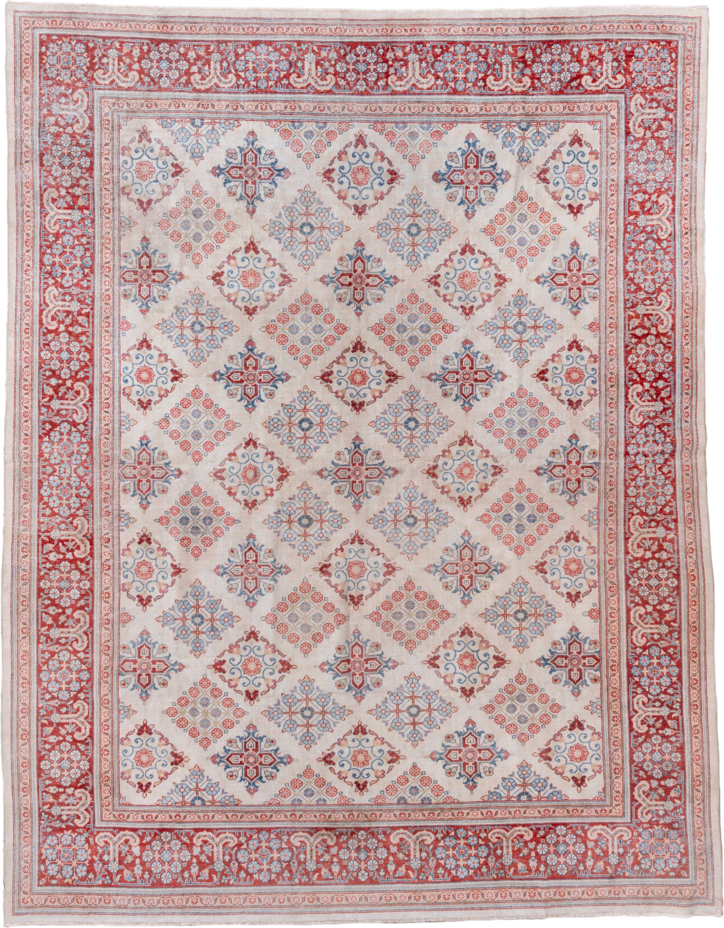 10' x 12' one-of-a-kind handmade vintage Joshegan large size rug. Color palette: ivory, rust, sky_blue, coral, brick