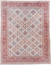 10' x 12' one-of-a-kind handmade vintage Joshegan large size rug. Color palette: ivory, rust, sky_blue, coral, brick