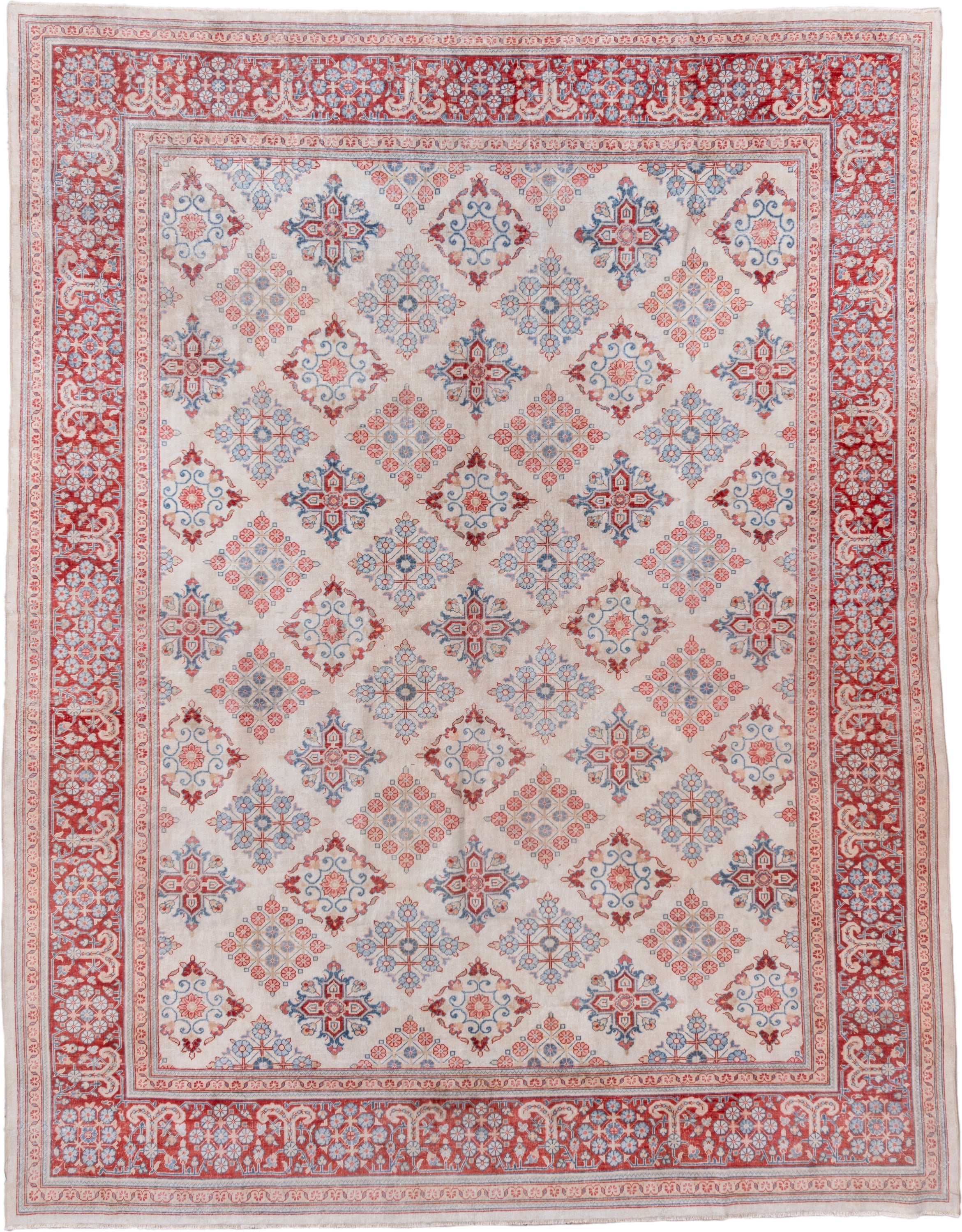 10' x 12' one-of-a-kind handmade vintage Joshegan large size rug. Color palette: ivory, rust, sky_blue, coral, brick