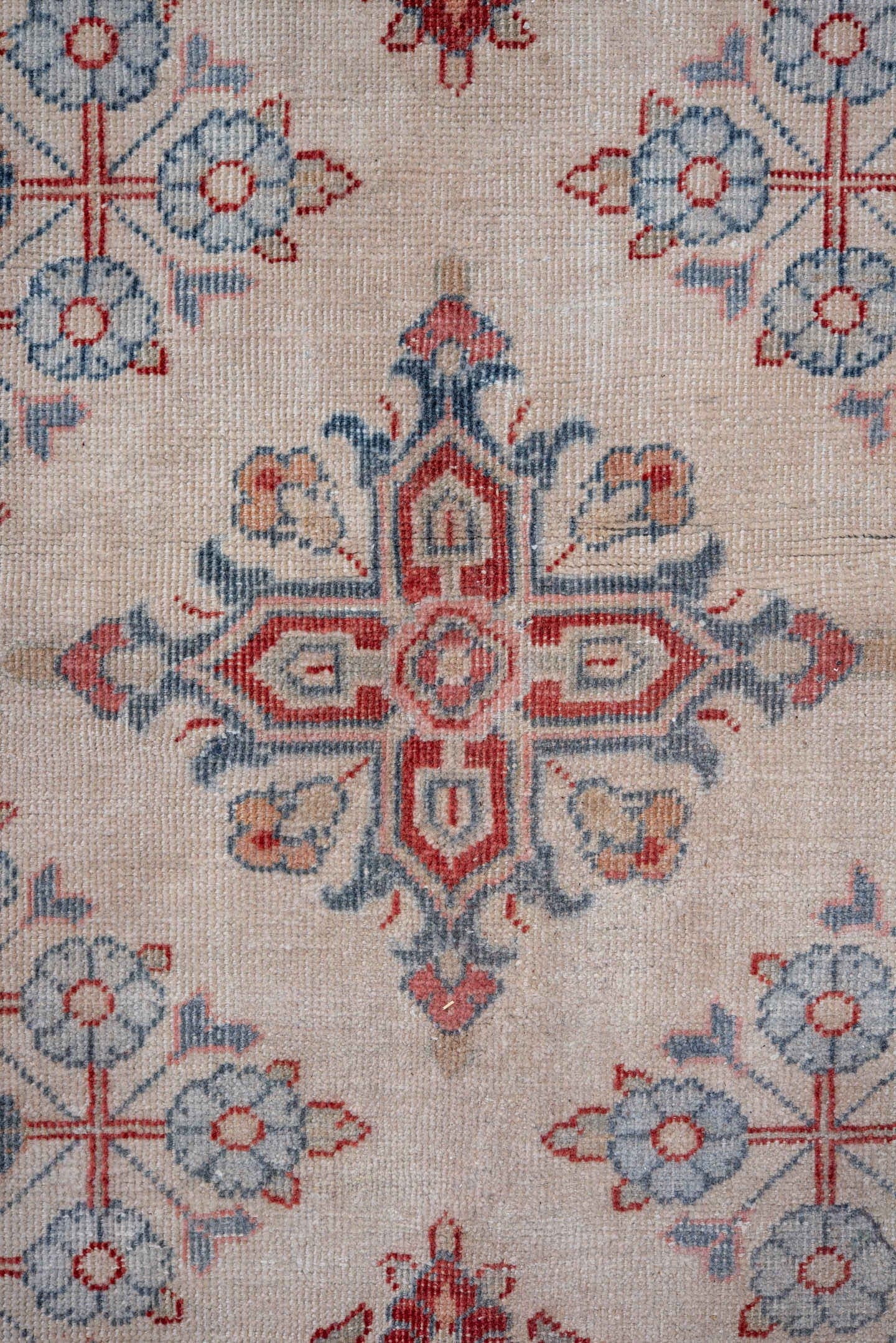 10' x 12' one-of-a-kind handmade vintage Joshegan large size rug. Color palette: ivory, rust, sky_blue, coral, brick
