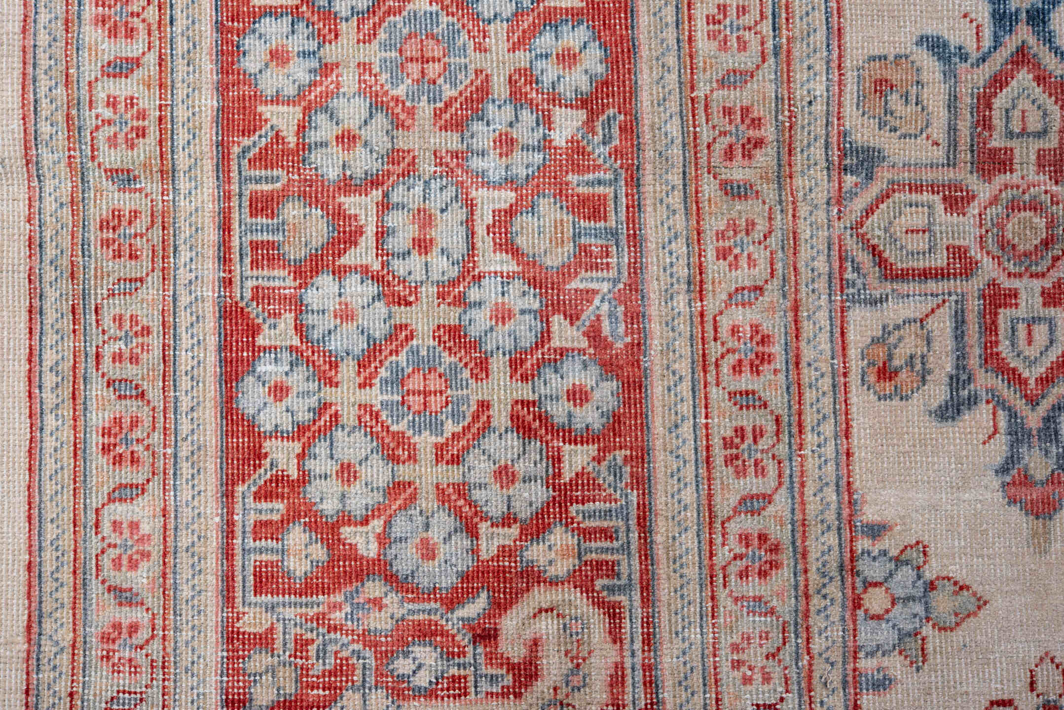 10' x 12' one-of-a-kind handmade vintage Joshegan large size rug. Color palette: ivory, rust, sky_blue, coral, brick