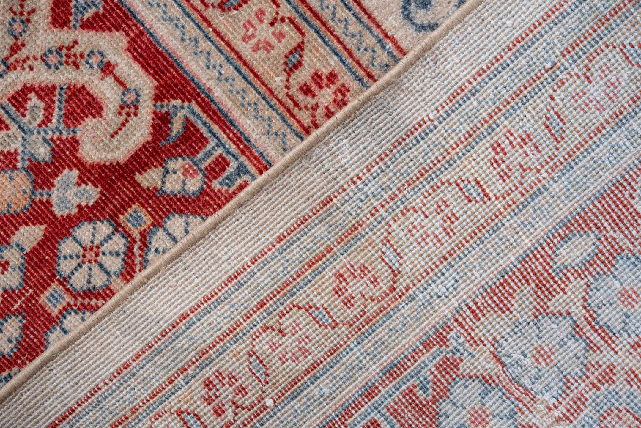 10' x 12' one-of-a-kind handmade vintage Joshegan large size rug. Color palette: ivory, rust, sky_blue, coral, brick