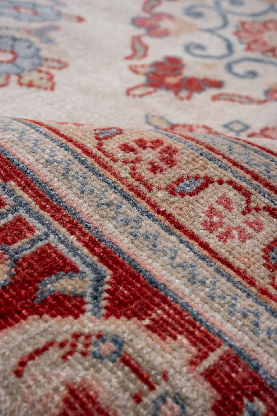 10' x 12' one-of-a-kind handmade vintage Joshegan large size rug. Color palette: ivory, rust, sky_blue, coral, brick
