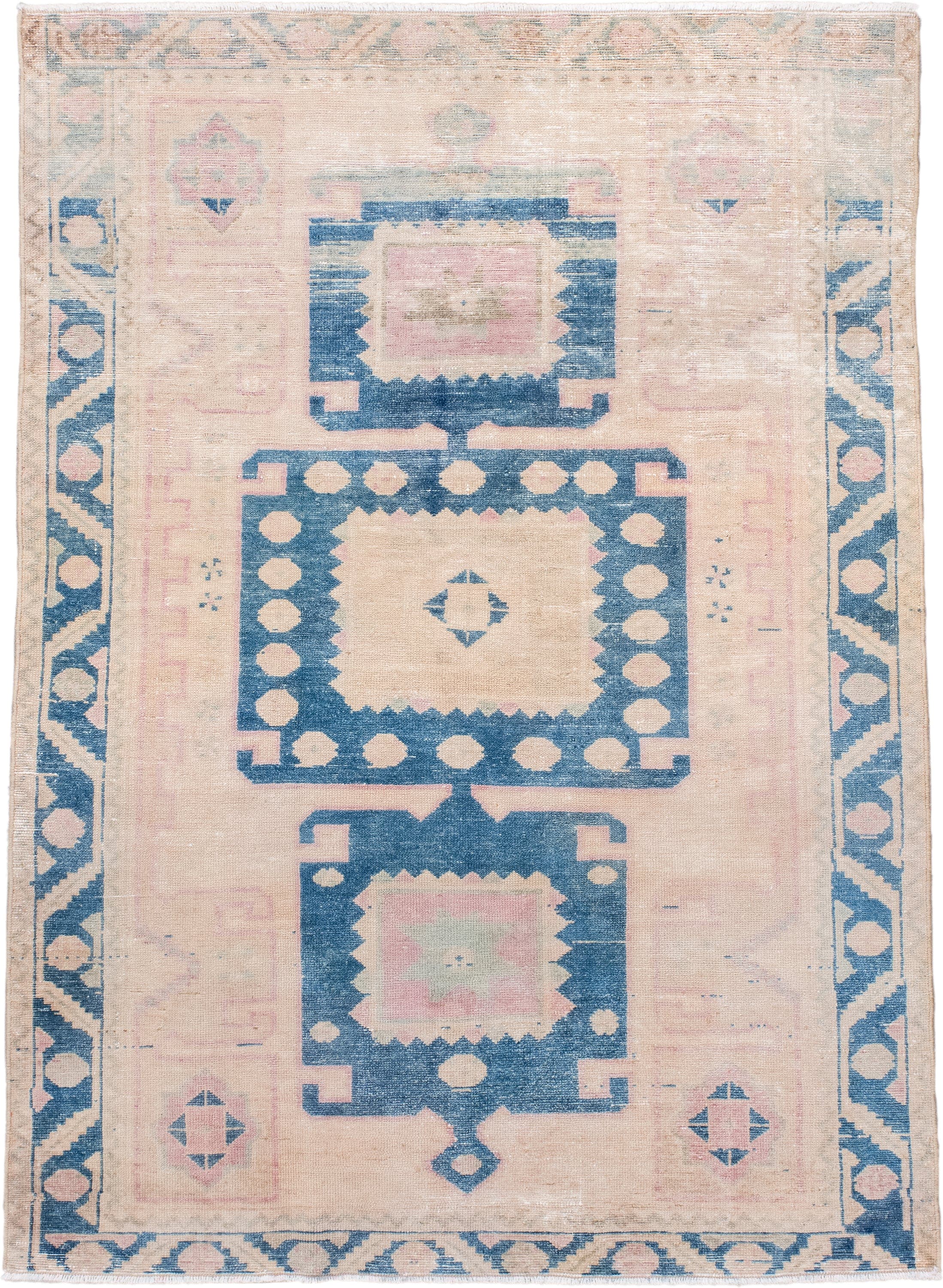 4' x 5' one-of-a-kind handmade vintage Hamadan small size rug. Color palette: ivory, blue, blush, cream, taupe, pink, beige