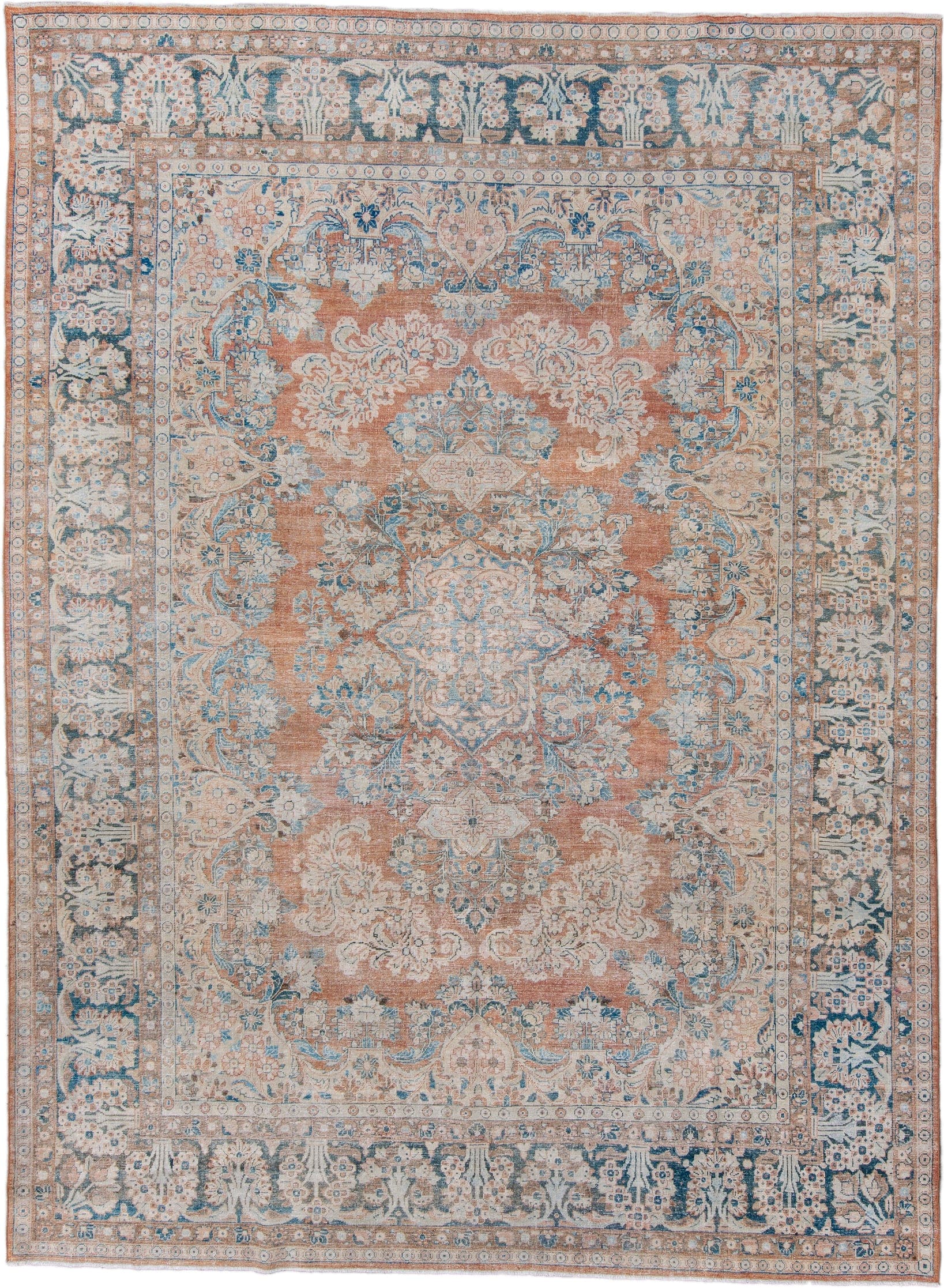 9' x 12' one-of-a-kind handmade antique Mahal large size rug. Color palette: ivory, pale blue, terra cotta, slate, beige
