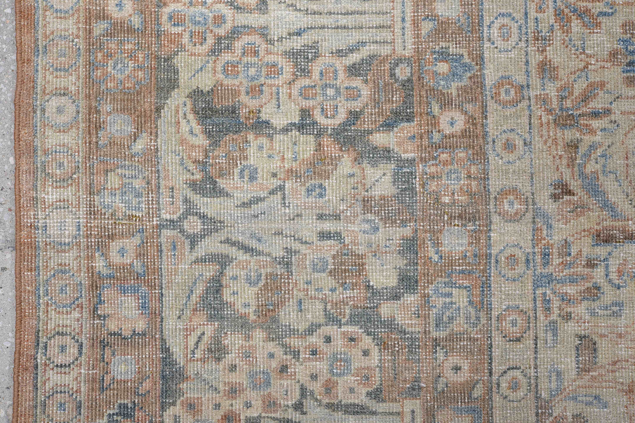 9' x 12' one-of-a-kind handmade antique Mahal large size rug. Color palette: ivory, pale blue, terra cotta, slate, beige