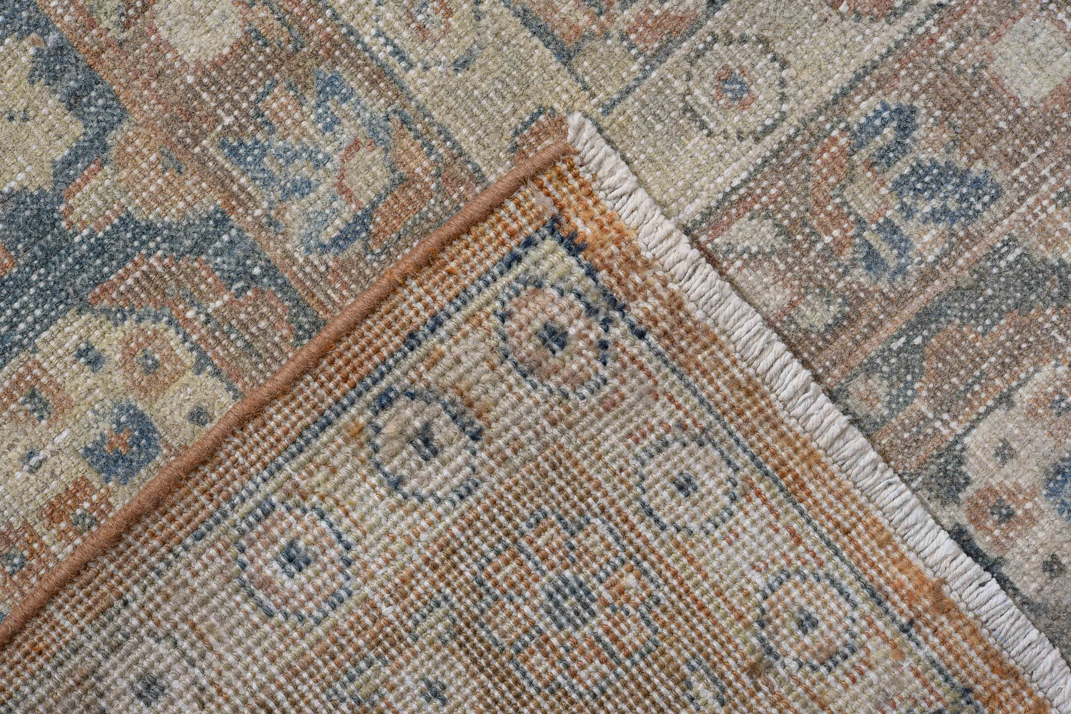 9' x 12' one-of-a-kind handmade antique Mahal large size rug. Color palette: ivory, pale blue, terra cotta, slate, beige