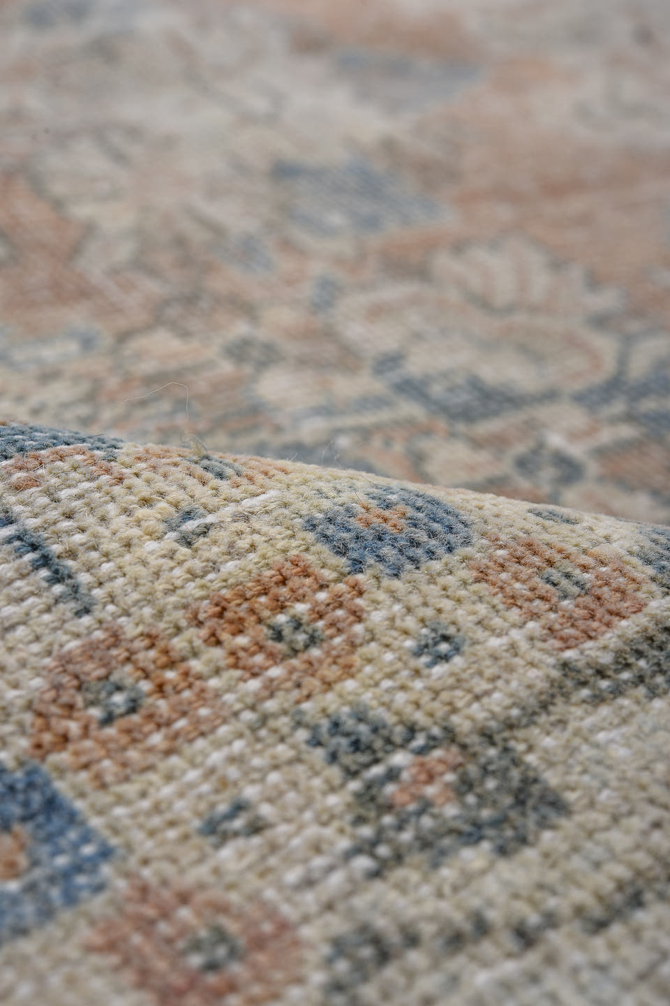 9' x 12' one-of-a-kind handmade antique Mahal large size rug. Color palette: ivory, pale blue, terra cotta, slate, beige