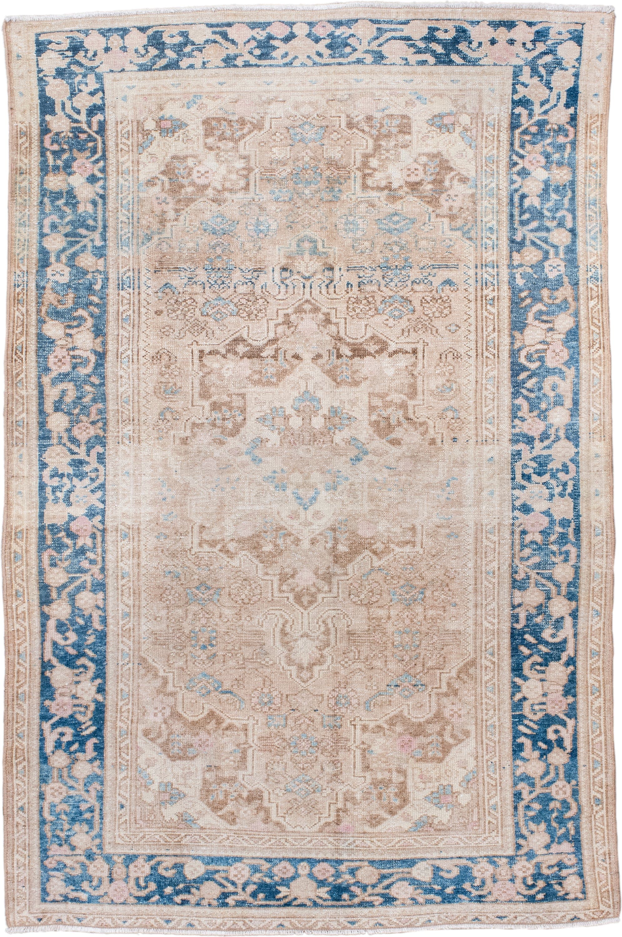 4' x 6' one-of-a-kind handmade antique Hamadan small size rug. Color palette: ivory, beige, sky blue, taupe, camel