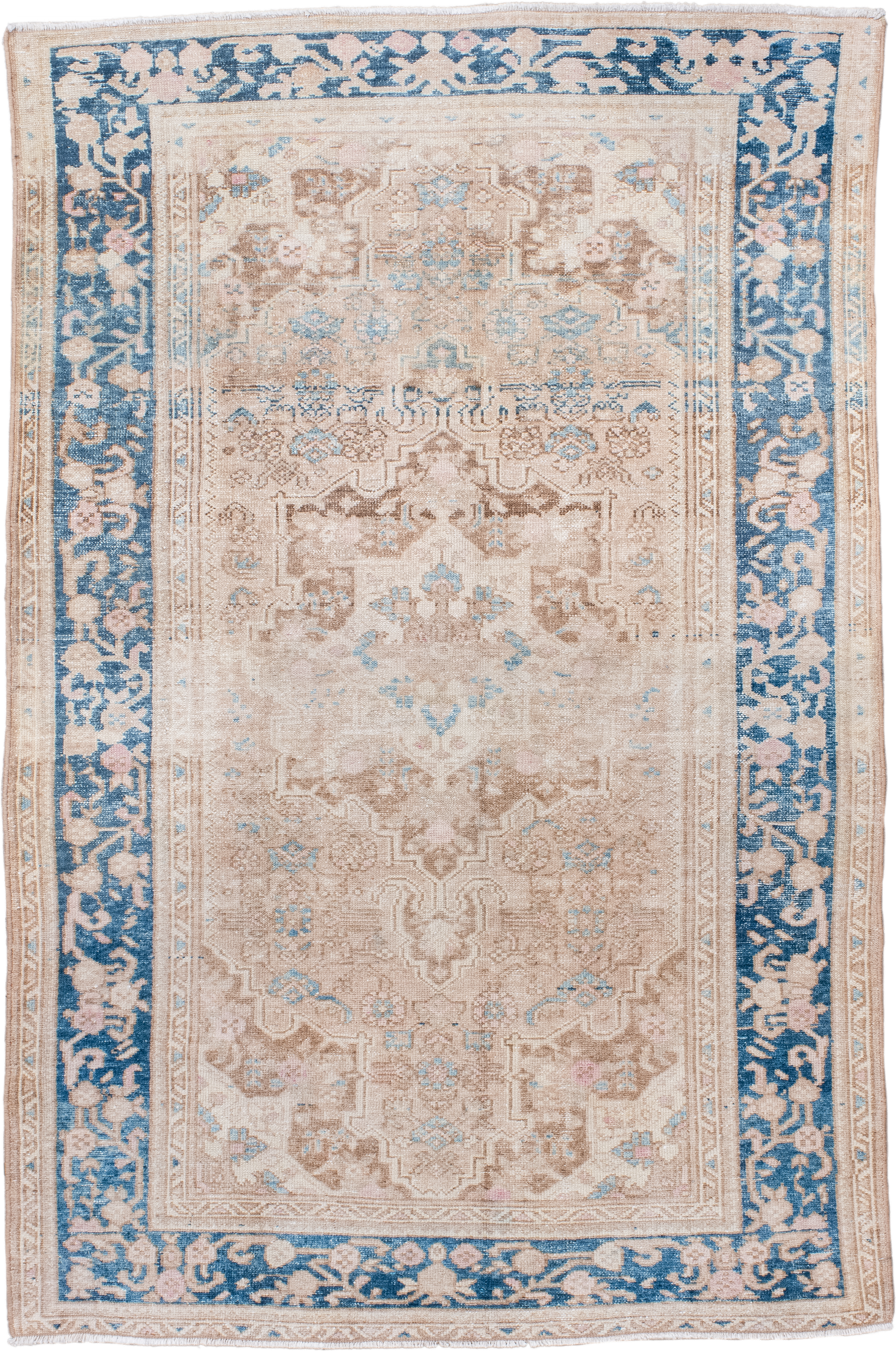 4' x 6' one-of-a-kind handmade antique Hamadan small size rug. Color palette: ivory, beige, sky blue, taupe, camel