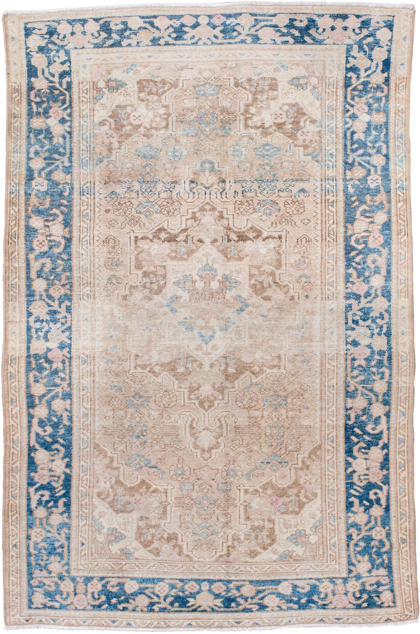 4' x 6' one-of-a-kind handmade antique Hamadan small size rug. Color palette: ivory, beige, sky blue, taupe, camel