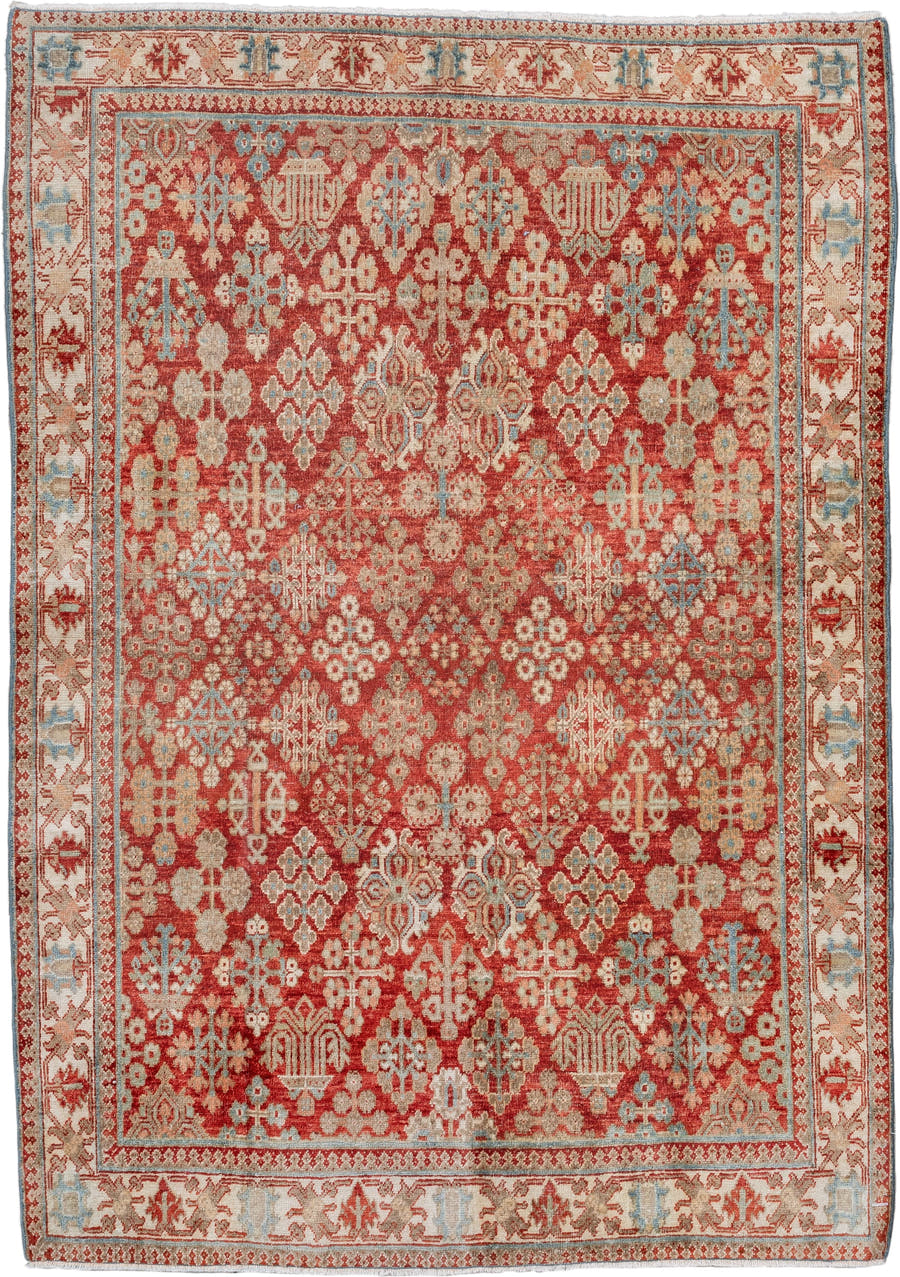 3' x 5' one-of-a-kind handmade vintage Joshegan small size rug. Color palette: rust, ivory, sky_blue, beige, terracotta