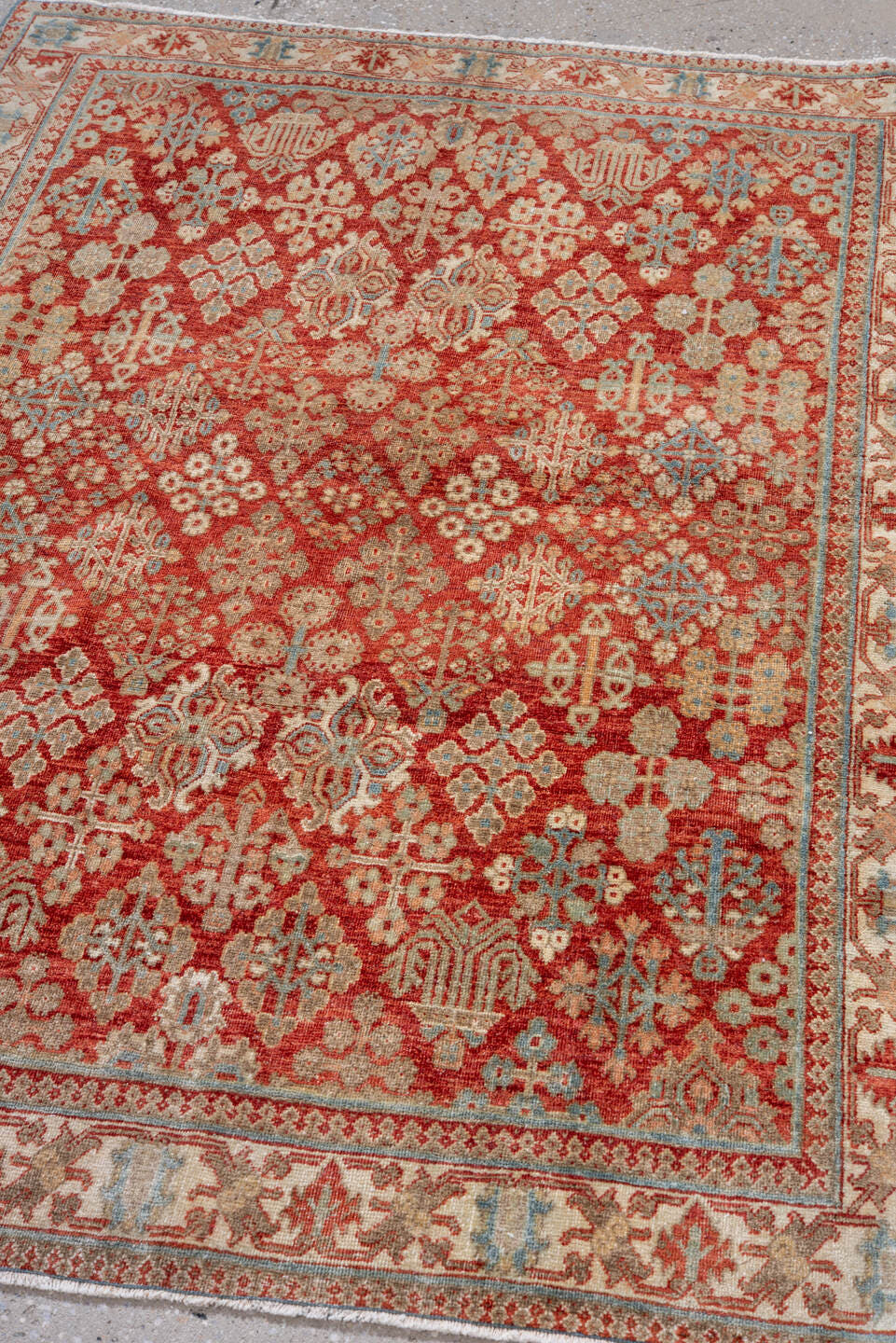3' x 5' one-of-a-kind handmade vintage Joshegan small size rug. Color palette: rust, ivory, sky_blue, beige, terracotta