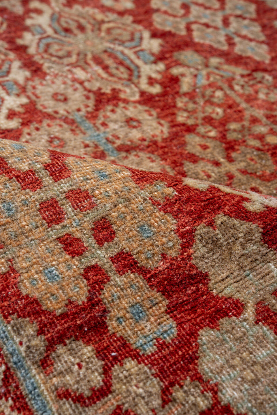 3' x 5' one-of-a-kind handmade vintage Joshegan small size rug. Color palette: rust, ivory, sky_blue, beige, terracotta