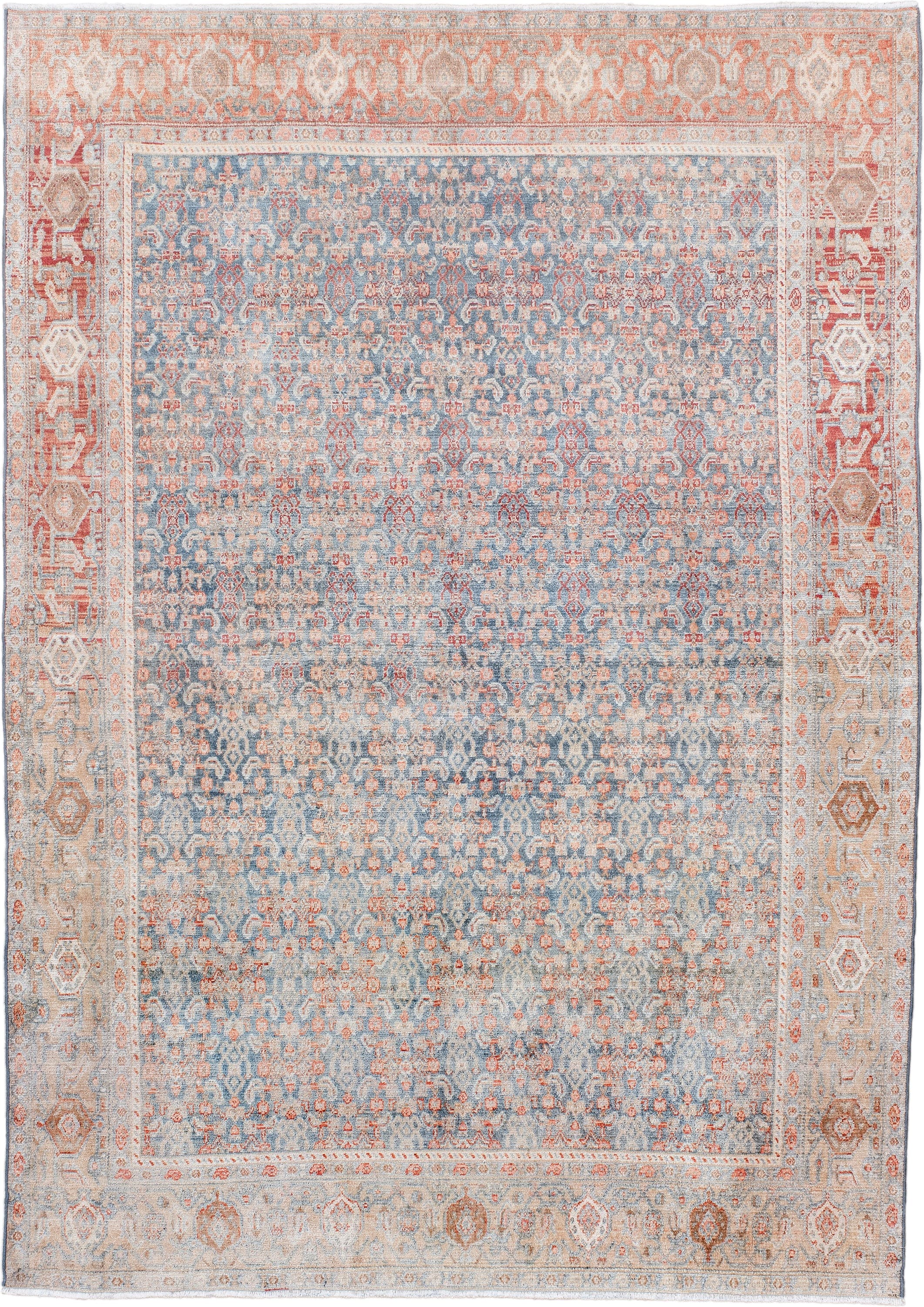 4' x 6' one-of-a-kind handmade antique Senne small size rug. Color palette: pale blue, ivory, coral, beige, salmon, taupe