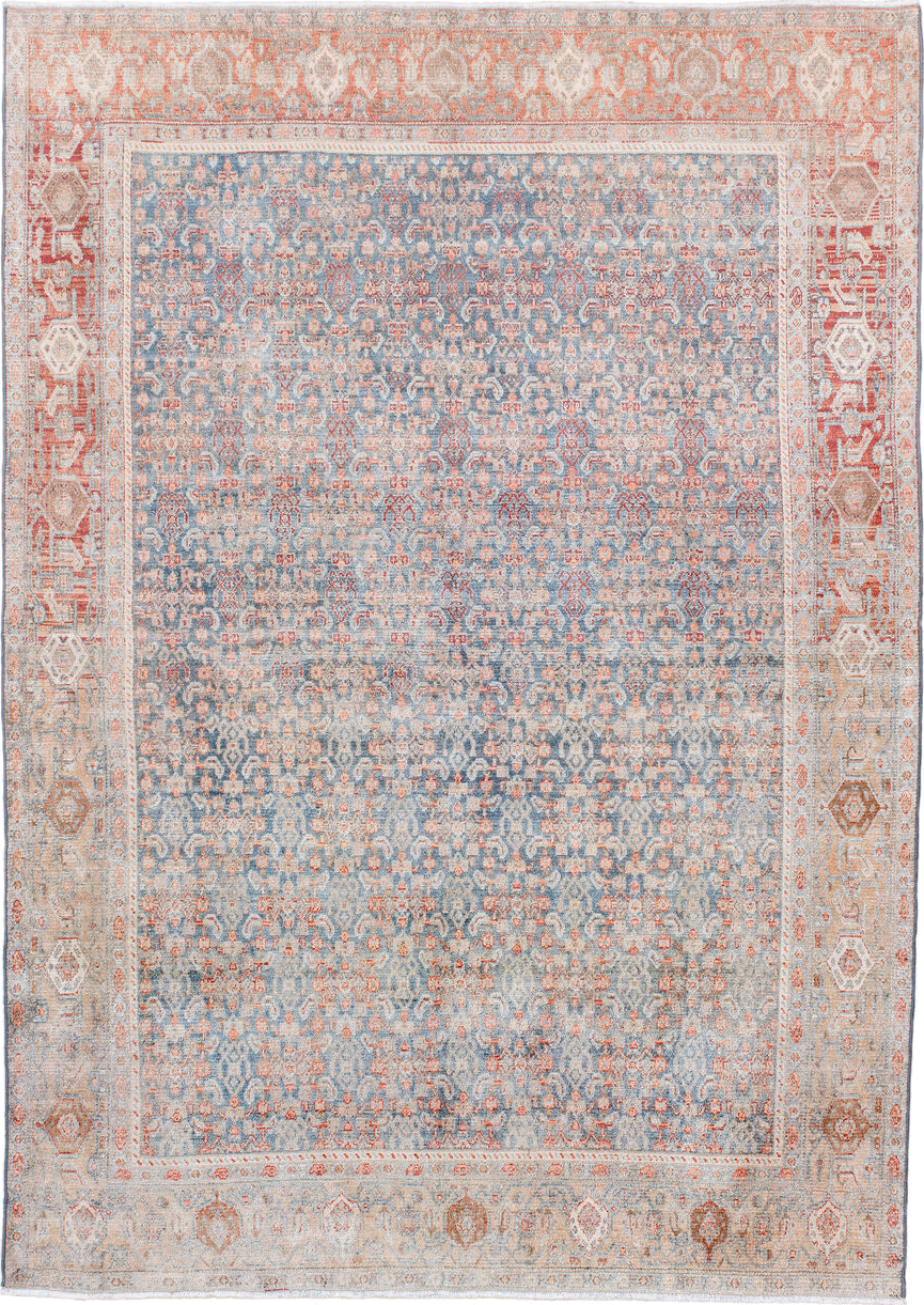 4' x 6' one-of-a-kind handmade antique Senne small size rug. Color palette: pale blue, ivory, coral, beige, salmon, taupe