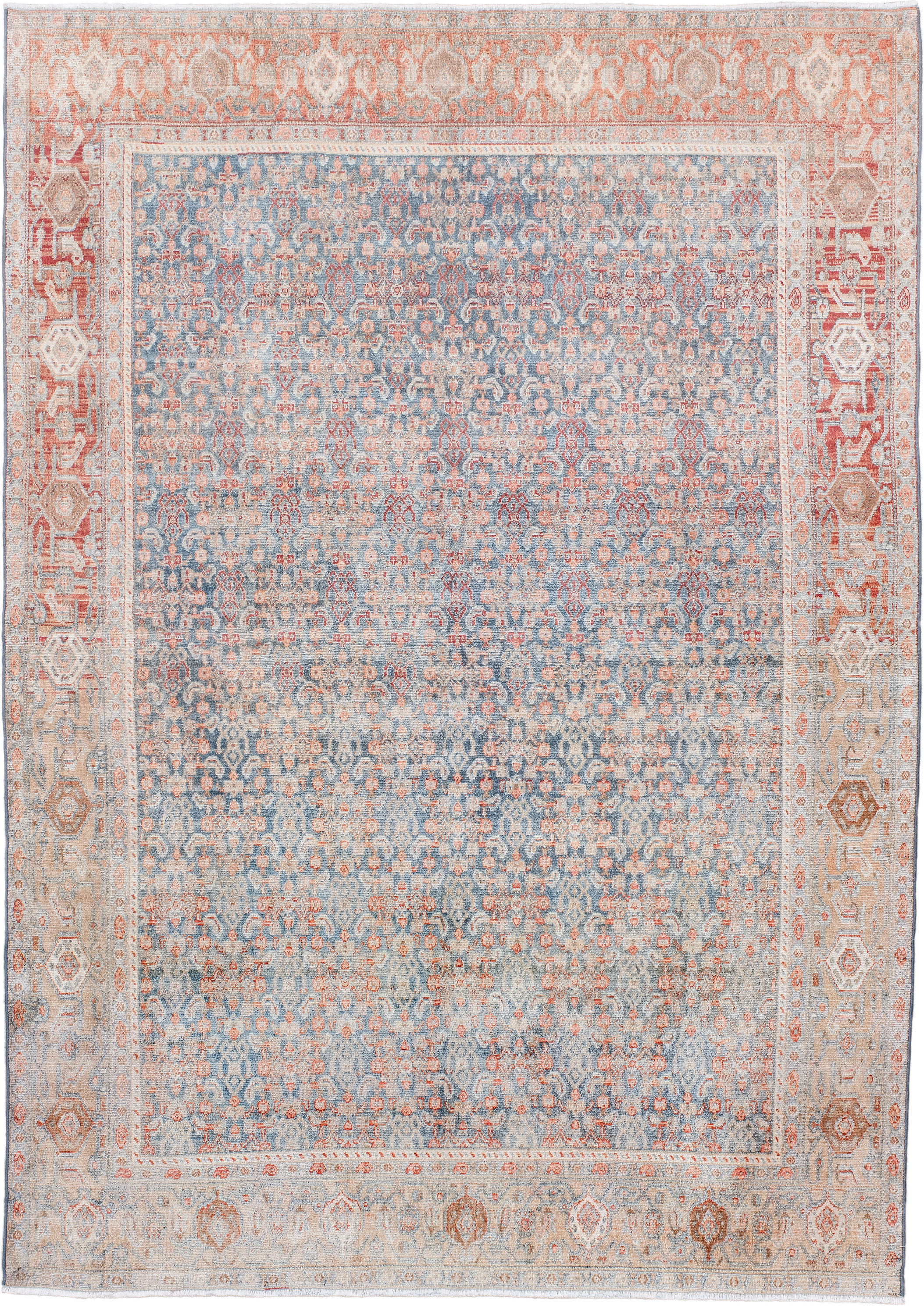 4' x 6' one-of-a-kind handmade antique Senne small size rug. Color palette: pale blue, ivory, coral, beige, salmon, taupe