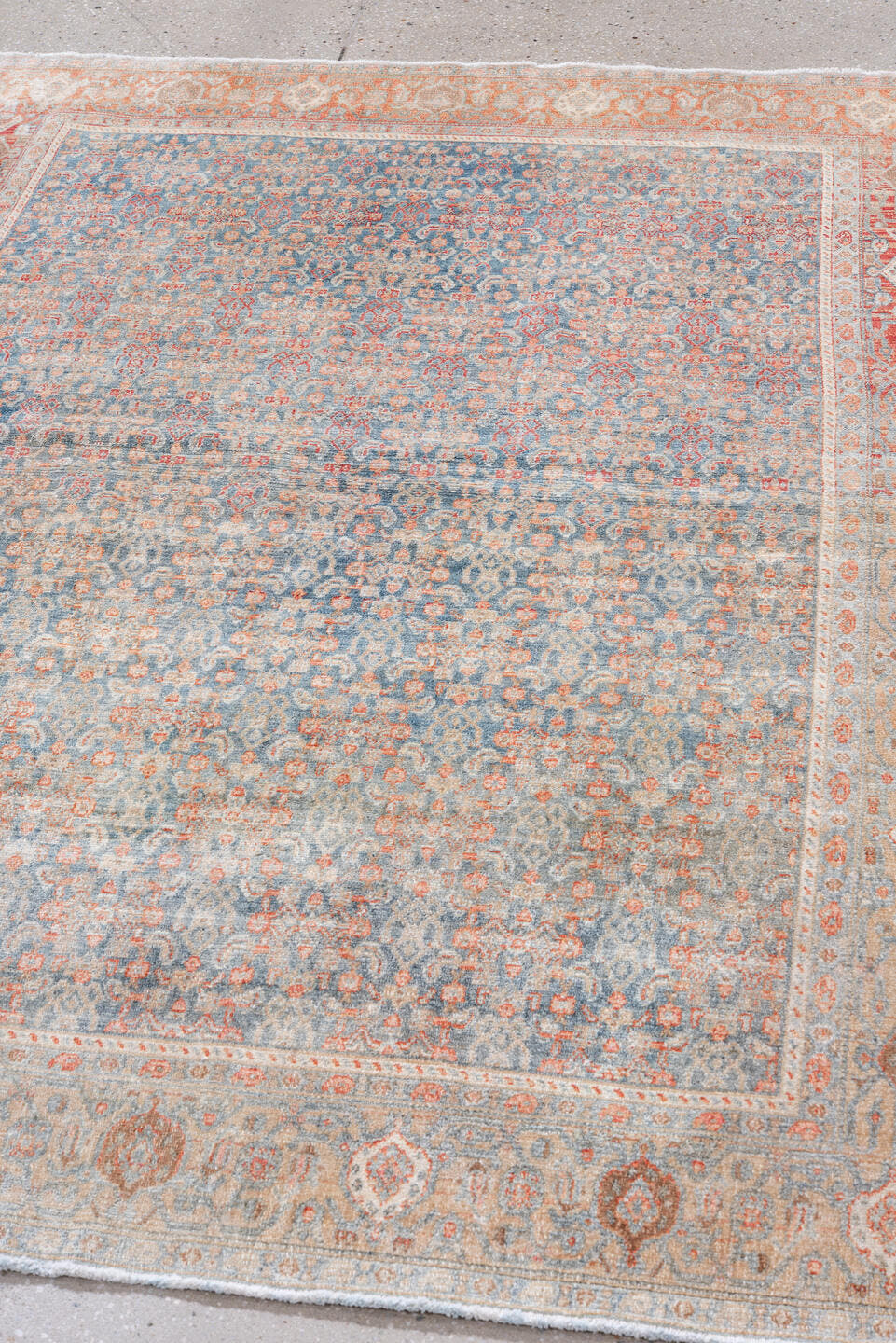 4' x 6' one-of-a-kind handmade antique Senne small size rug. Color palette: pale blue, ivory, coral, beige, salmon, taupe