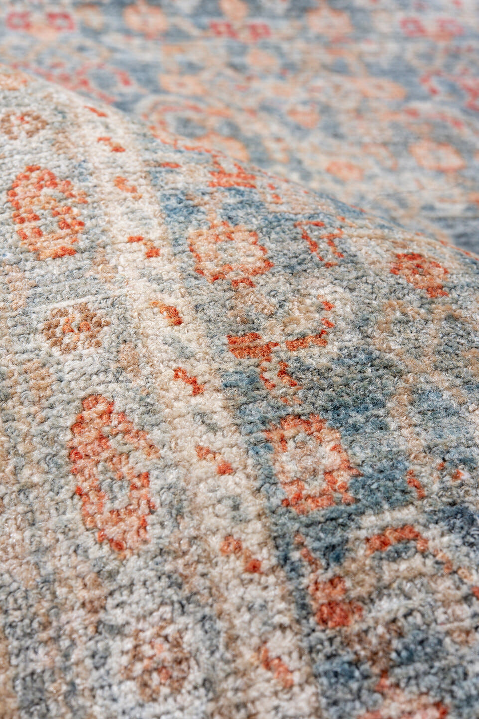 4' x 6' one-of-a-kind handmade antique Senne small size rug. Color palette: pale blue, ivory, coral, beige, salmon, taupe