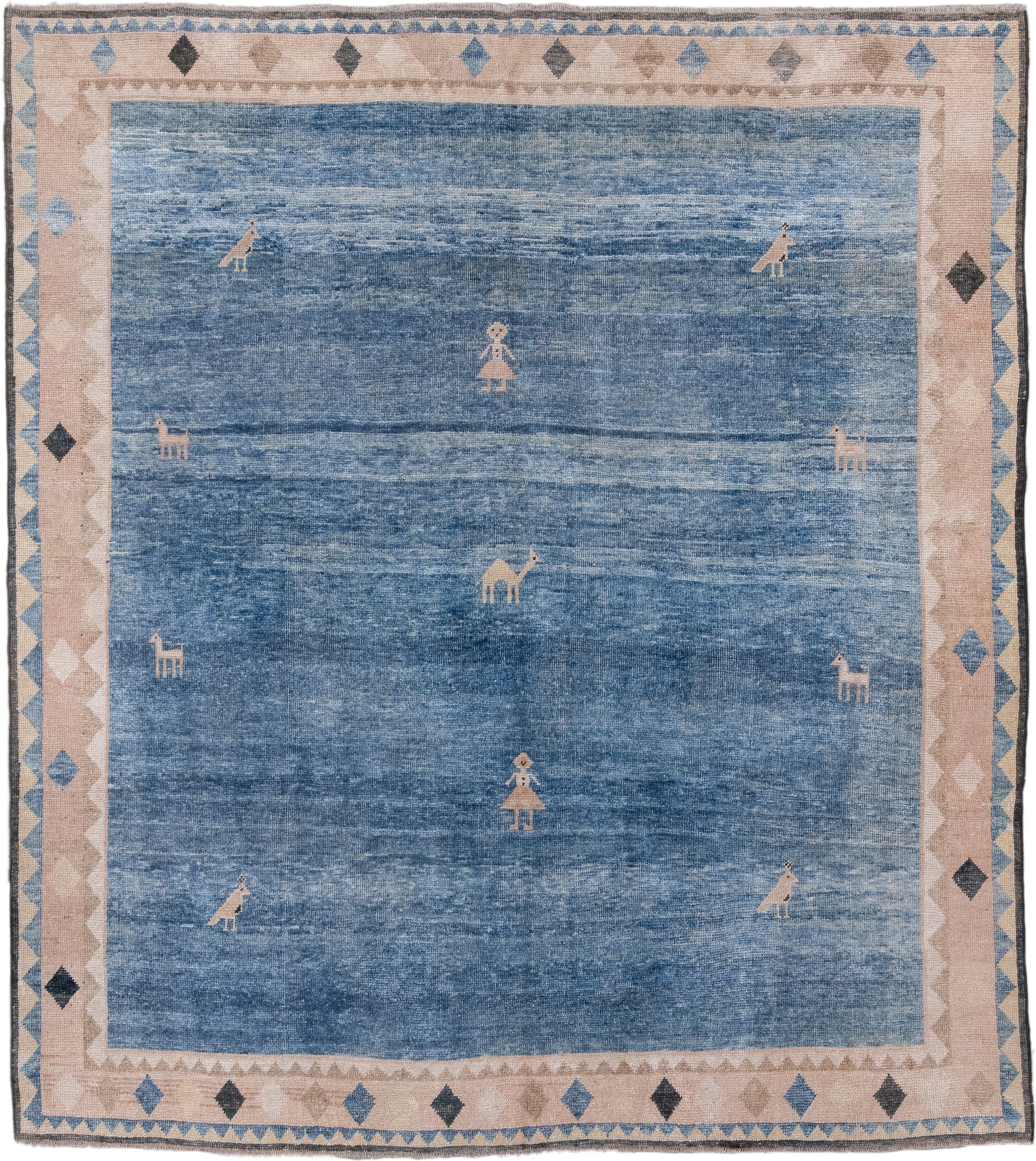 8' x 9' one-of-a-kind handmade vintage Gabbe rug. Color palette: blue, ivory, taupe, charcoal, slate, beige, gray, black