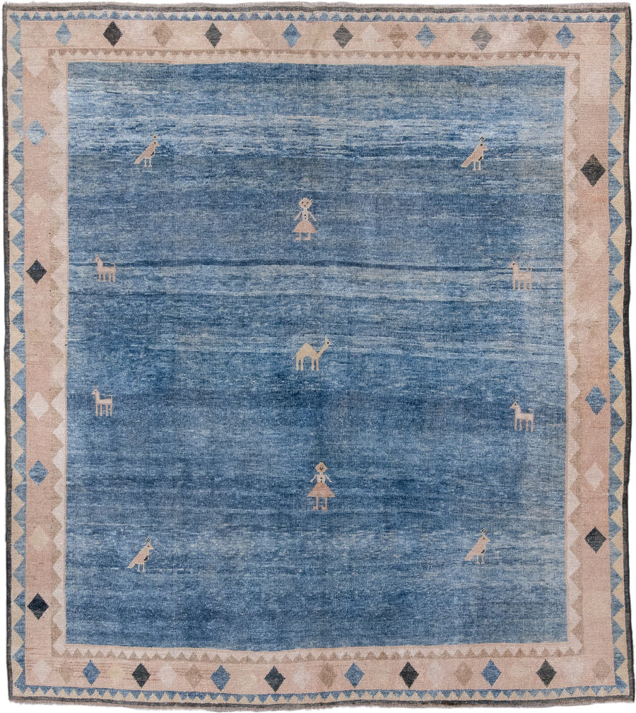 8' x 9' one-of-a-kind handmade vintage Gabbe rug. Color palette: blue, ivory, taupe, charcoal, slate, beige, gray, black