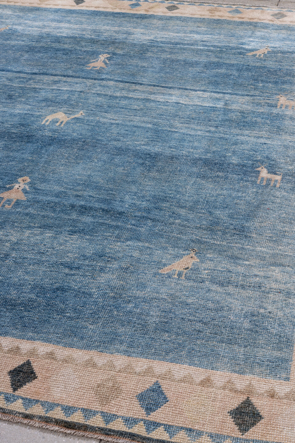 8' x 9' one-of-a-kind handmade vintage Gabbe rug. Color palette: blue, ivory, taupe, charcoal, slate, beige, gray, black