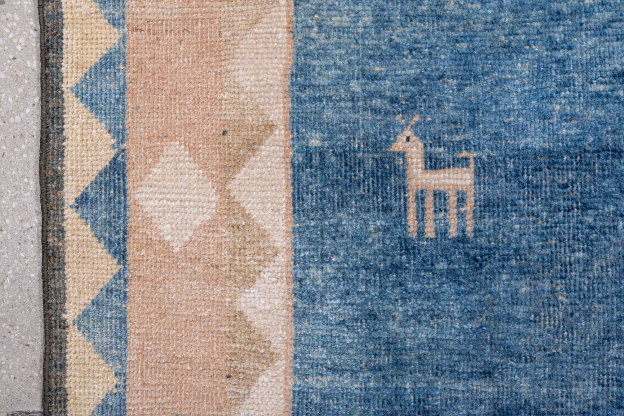 8' x 9' one-of-a-kind handmade vintage Gabbe rug. Color palette: blue, ivory, taupe, charcoal, slate, beige, gray, black