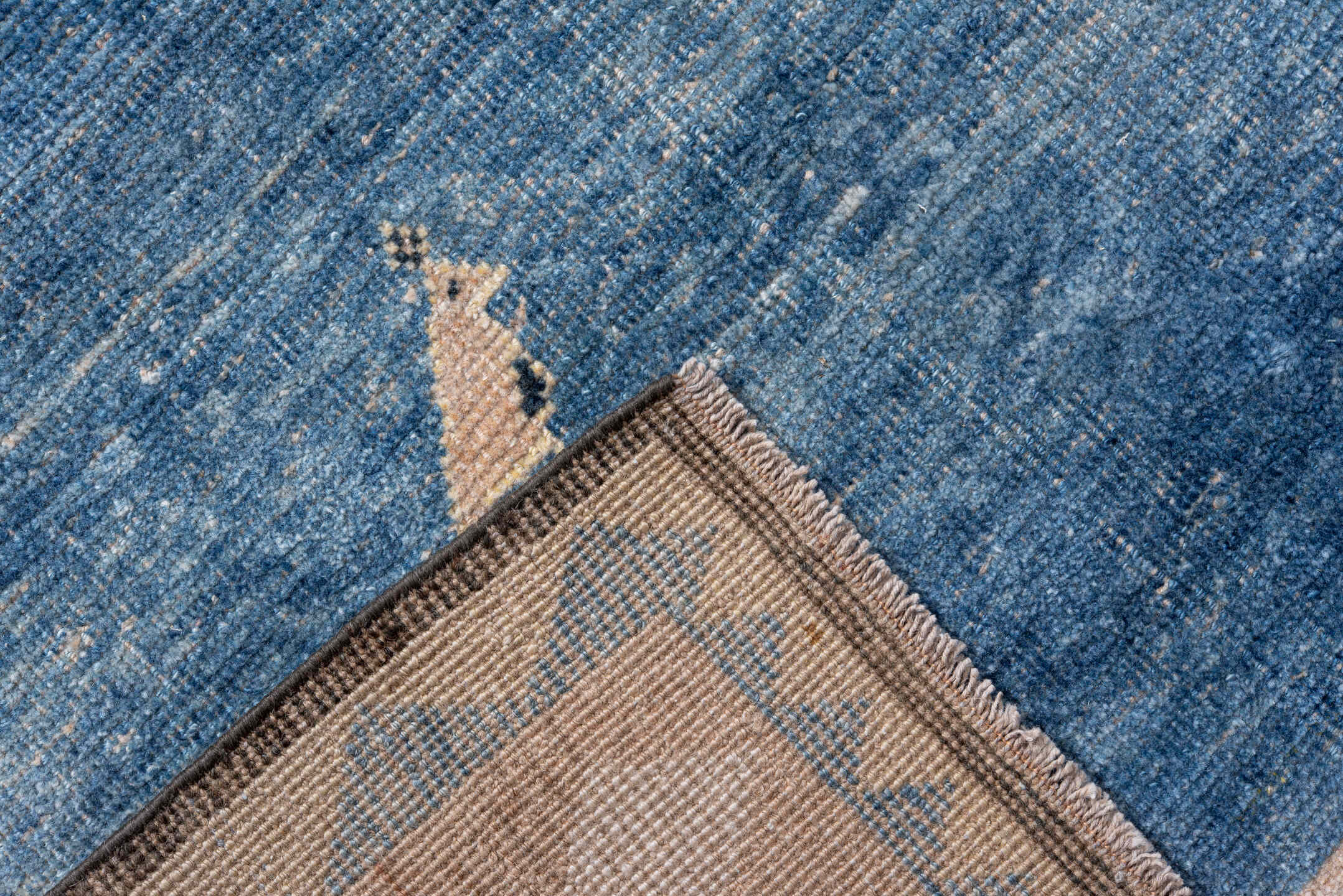 8' x 9' one-of-a-kind handmade vintage Gabbe rug. Color palette: blue, ivory, taupe, charcoal, slate, beige, gray, black
