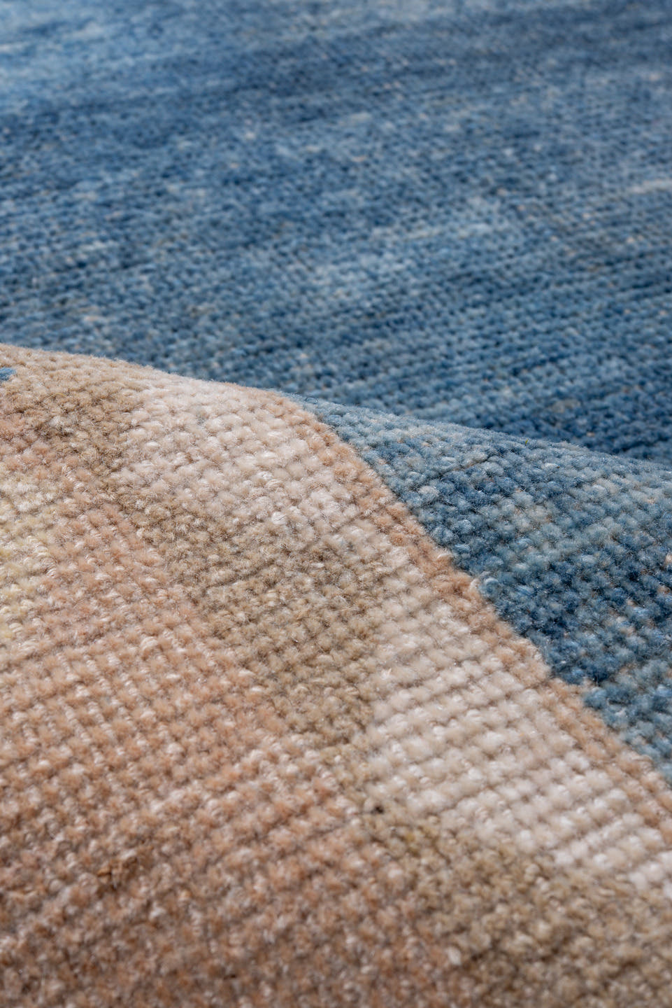 8' x 9' one-of-a-kind handmade vintage Gabbe rug. Color palette: blue, ivory, taupe, charcoal, slate, beige, gray, black