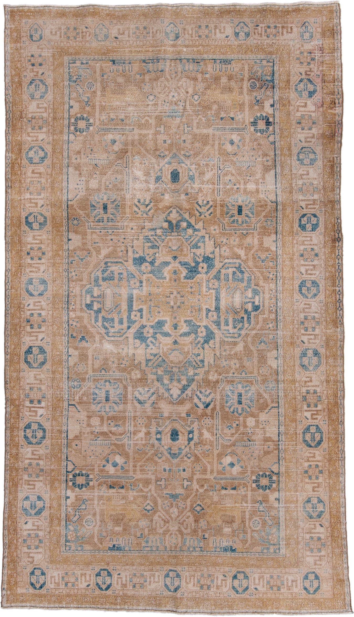 5' x 9' one-of-a-kind handmade antique Malayer medium size rug. Color palette: camel, tan, beige, pale blue, ivory, taupe