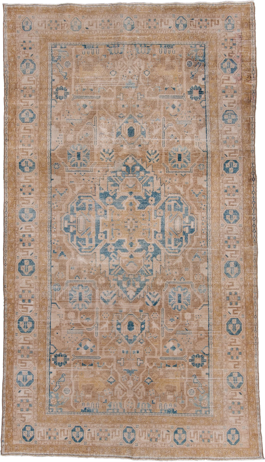 5' x 9' one-of-a-kind handmade antique Malayer medium size rug. Color palette: camel, tan, beige, pale blue, ivory, taupe