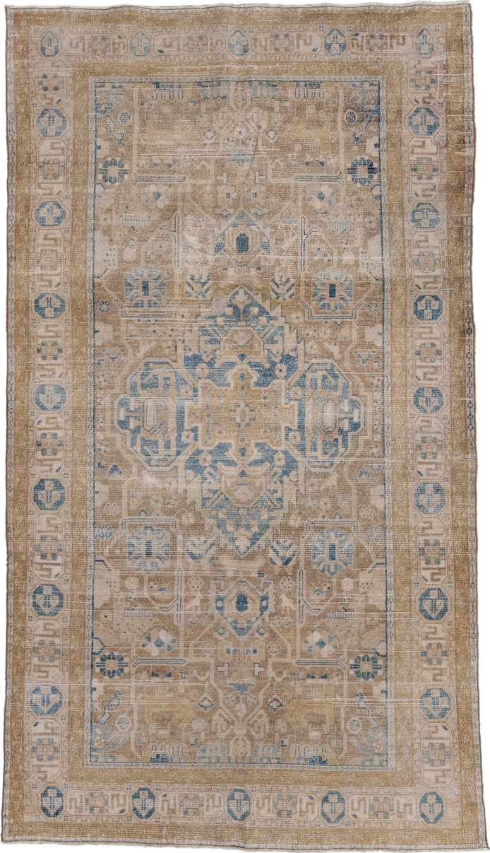 5' x 9' one-of-a-kind handmade antique Malayer medium size rug. Color palette: camel, tan, beige, pale blue, ivory, taupe