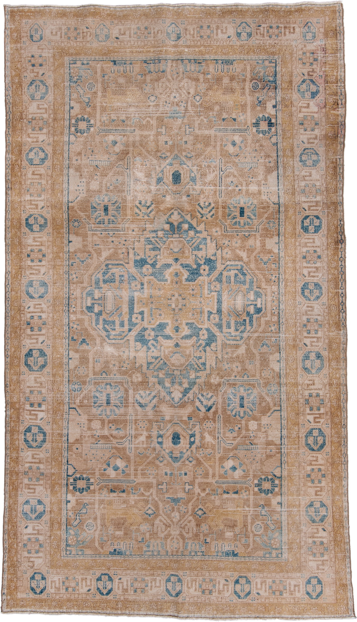 5' x 9' one-of-a-kind handmade antique Malayer medium size rug. Color palette: camel, tan, beige, pale blue, ivory, taupe