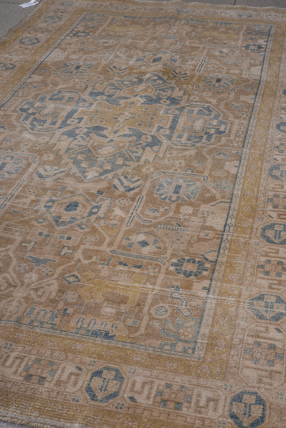 5' x 9' one-of-a-kind handmade antique Malayer medium size rug. Color palette: camel, tan, beige, pale blue, ivory, taupe