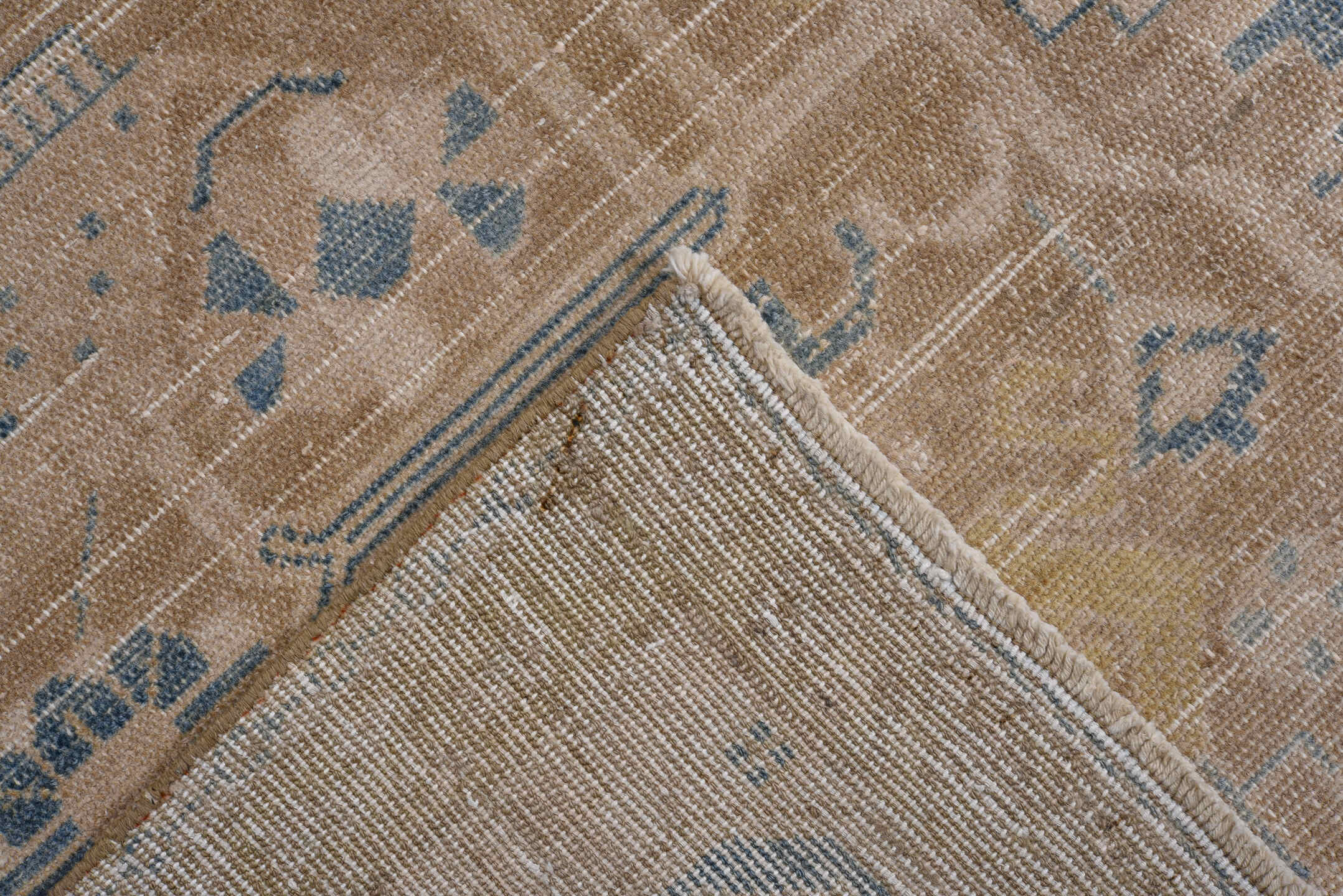 5' x 9' one-of-a-kind handmade antique Malayer medium size rug. Color palette: camel, tan, beige, pale blue, ivory, taupe