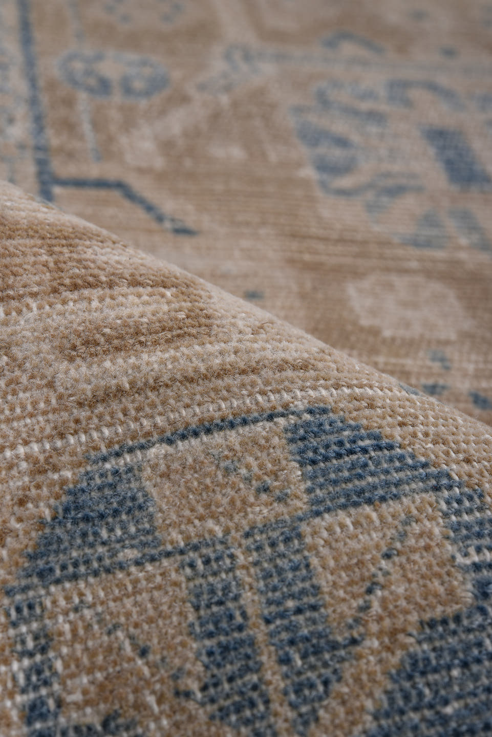5' x 9' one-of-a-kind handmade antique Malayer medium size rug. Color palette: camel, tan, beige, pale blue, ivory, taupe