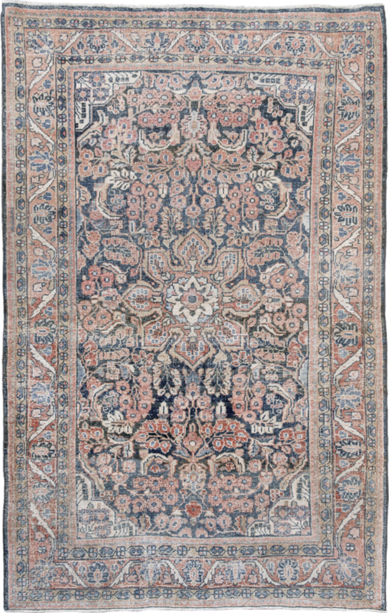4' x 6' one-of-a-kind handmade antique Mahal small size rug. Color palette: navy, ivory, blush, rust, slate, cream