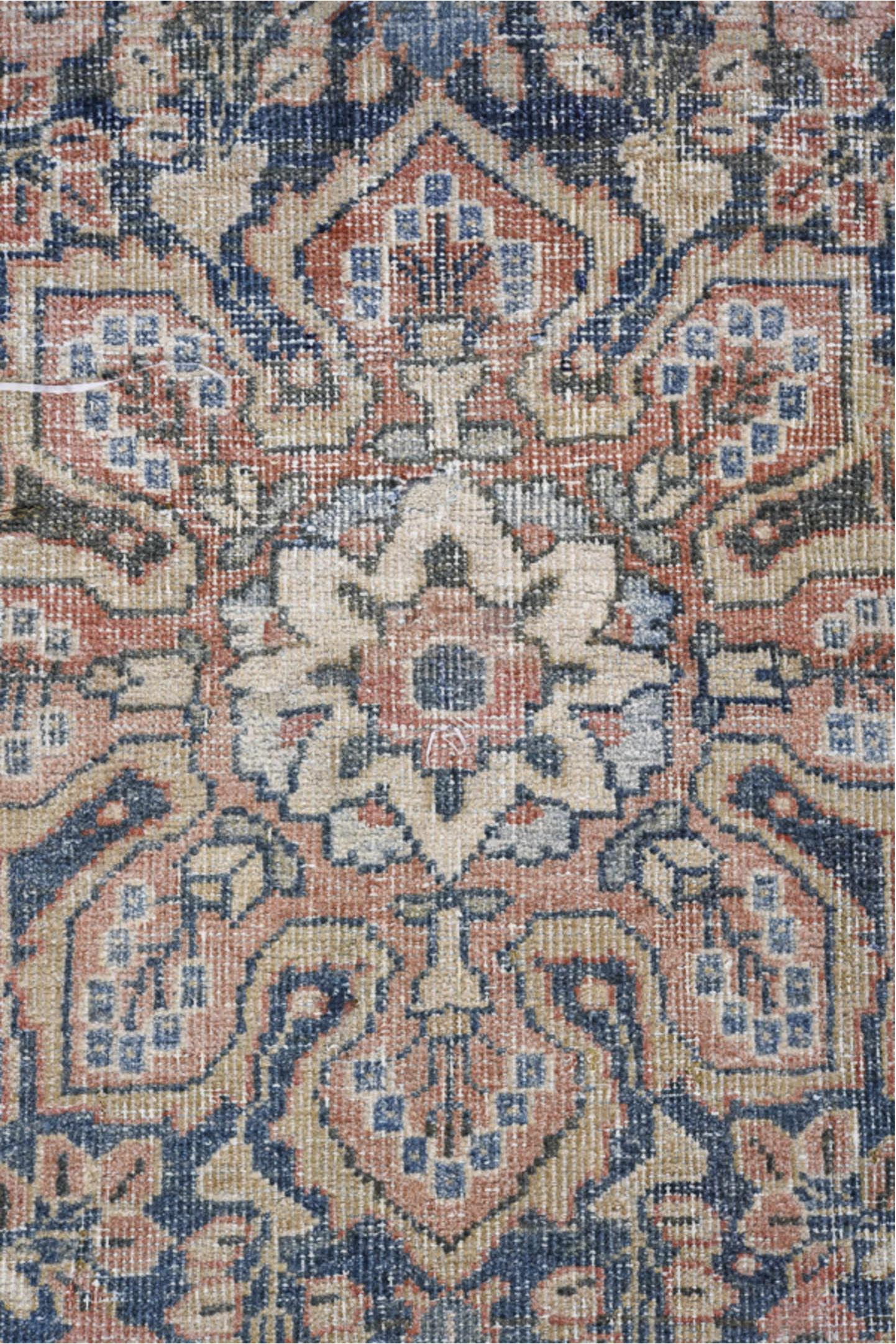 4' x 6' one-of-a-kind handmade antique Mahal small size rug. Color palette: navy, ivory, blush, rust, slate, cream