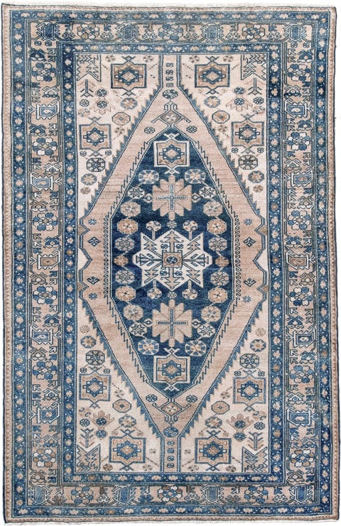 4' x 6' one-of-a-kind handmade antique Malayer small size rug. Color palette: ivory, navy, slate, taupe, camel, denim_blue