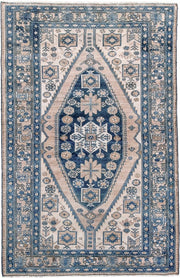 4' x 6' one-of-a-kind handmade antique Malayer small size rug. Color palette: ivory, navy, slate, taupe, camel, denim_blue