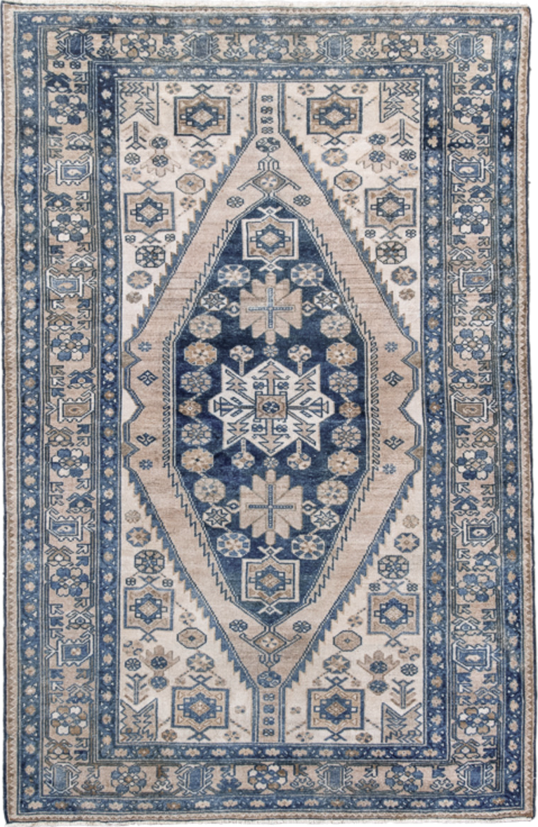 4' x 6' one-of-a-kind handmade antique Malayer small size rug. Color palette: ivory, navy, slate, taupe, camel, denim_blue