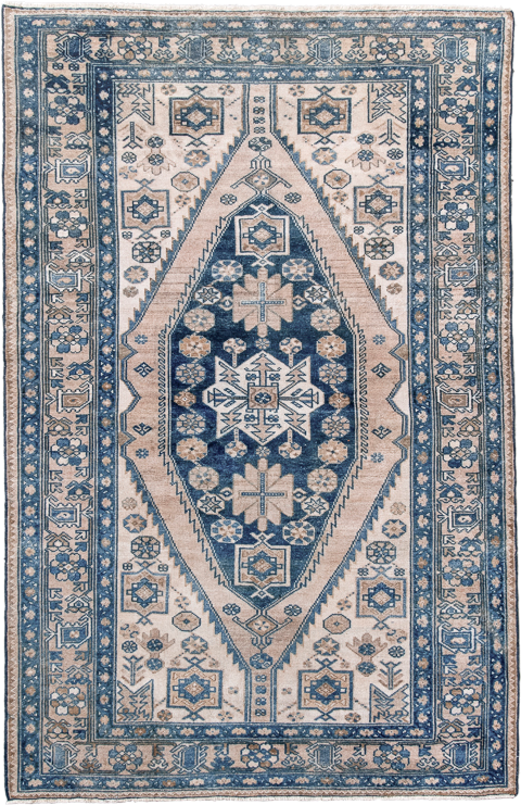 4' x 6' one-of-a-kind handmade antique Malayer small size rug. Color palette: ivory, navy, slate, taupe, camel, denim_blue