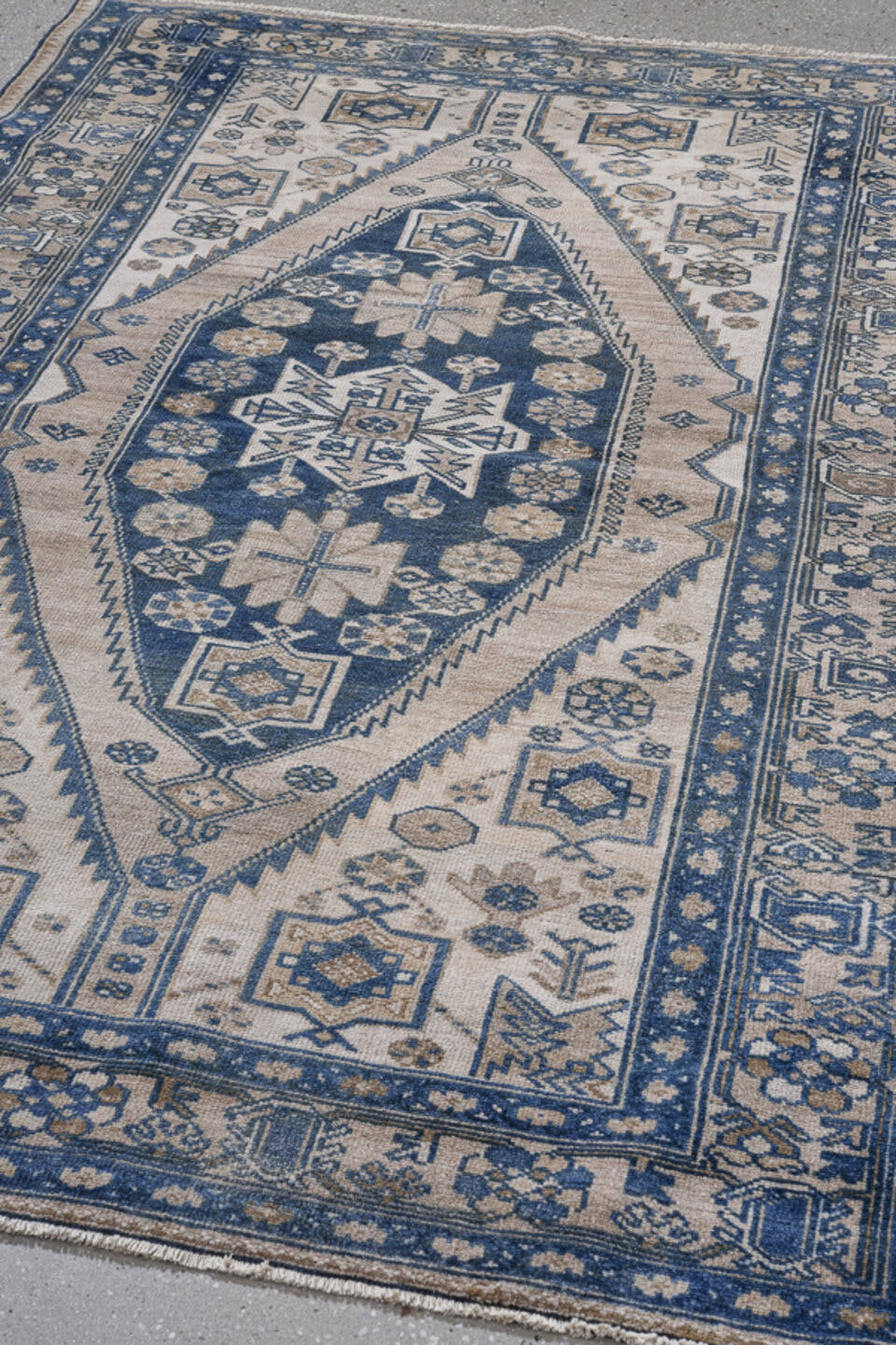 4' x 6' one-of-a-kind handmade antique Malayer small size rug. Color palette: ivory, navy, slate, taupe, camel, denim_blue