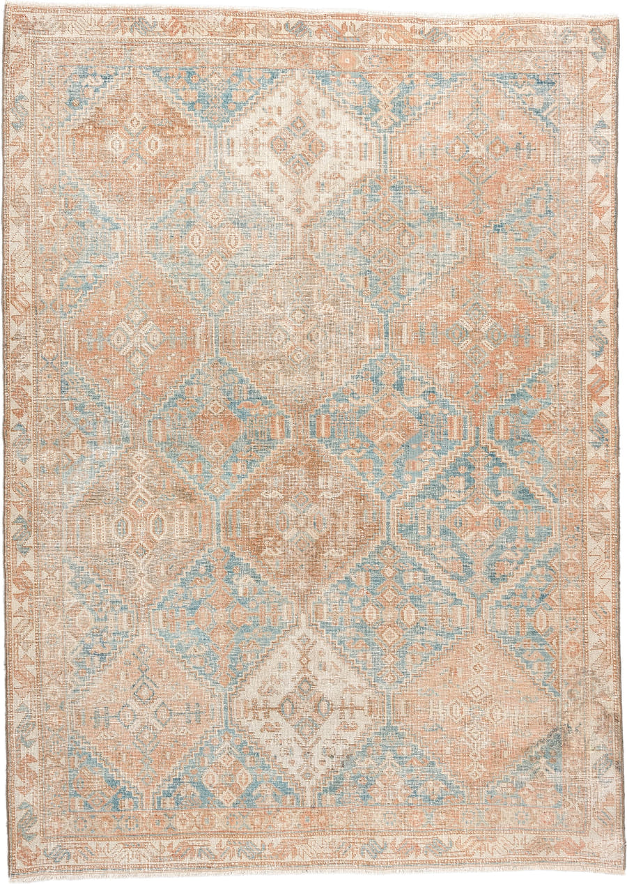 4' x 6' one-of-a-kind handmade antique Afshar rug. Color palette: peach, aqua, ivory, beige, tan, terracotta, pink, teal